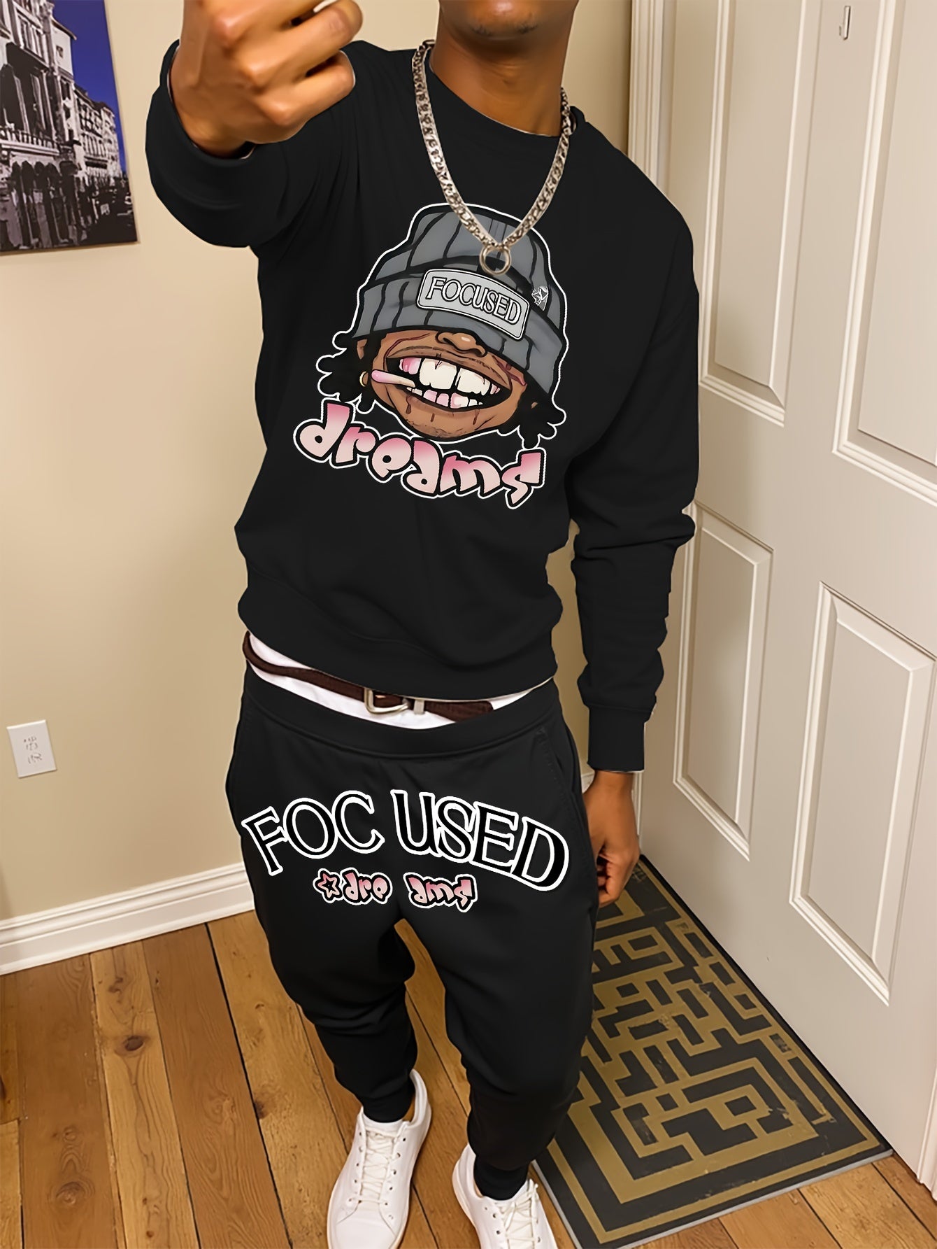 Men'S Casual Graffiti Print Sweatshirt and Pants Set, Crew Neck, Loose Fit, Knit Polyester 95%, 5% Elastane, Slight Stretch, Fall/Winter Lash Sets
