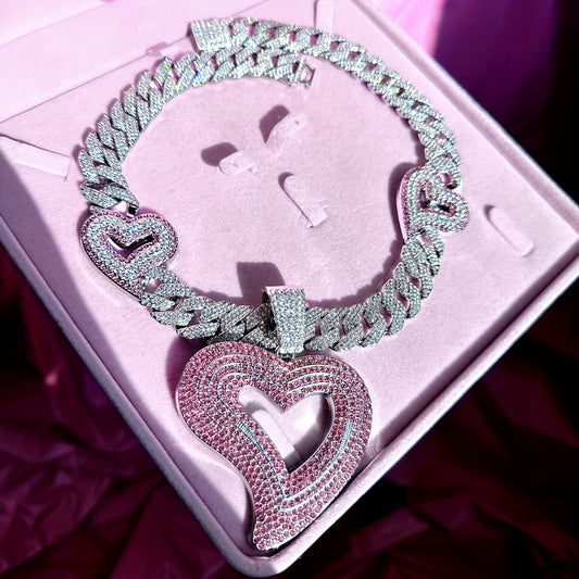 ICESOME Hip Hop Y2K Heart Pendant Necklace, Synthetic Rhinestone-Encrusted, Zinc Alloy Cuban Link Chain, Party & Music Festival Jewelry, Valentine's Day Gift for Men and Women