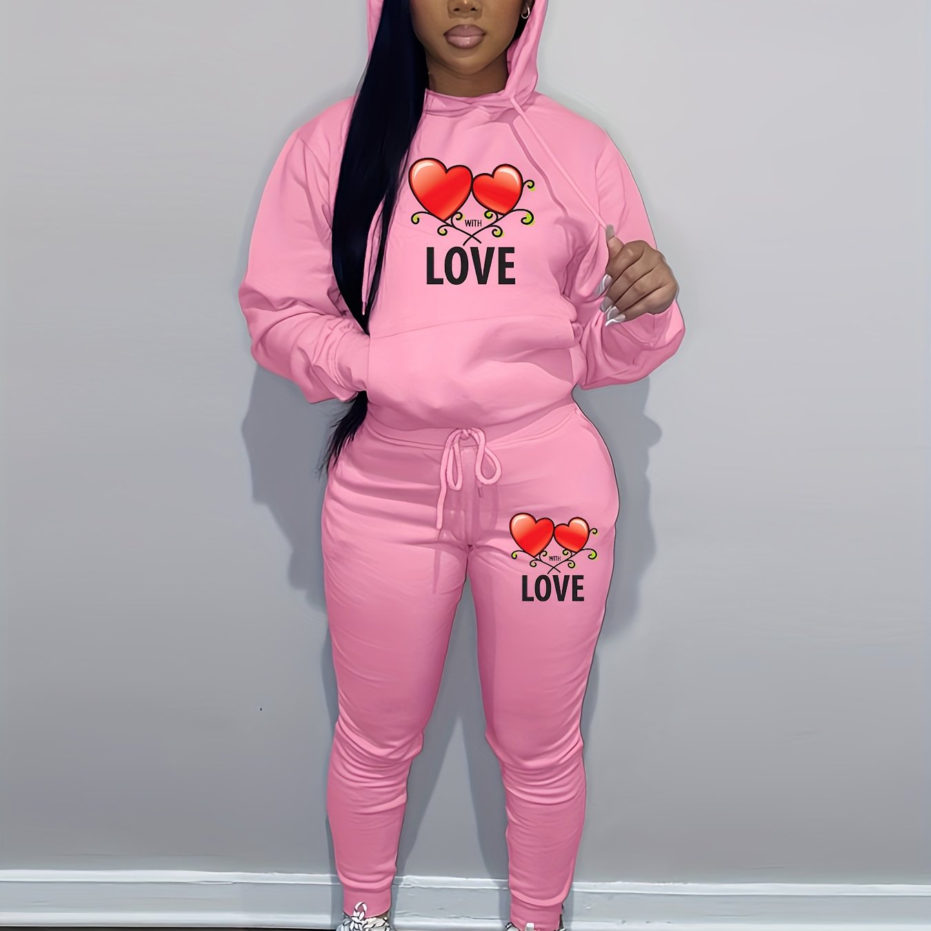 Women's Casual Pink Knit Two-Piece Set with Love Heart Print - Long Sleeve Hooded Top & Tie-Waist Pants, Polyester Blend, Perfect for Valentine's Day, Comfortable Clothing|Matching Set|Knit Polyester