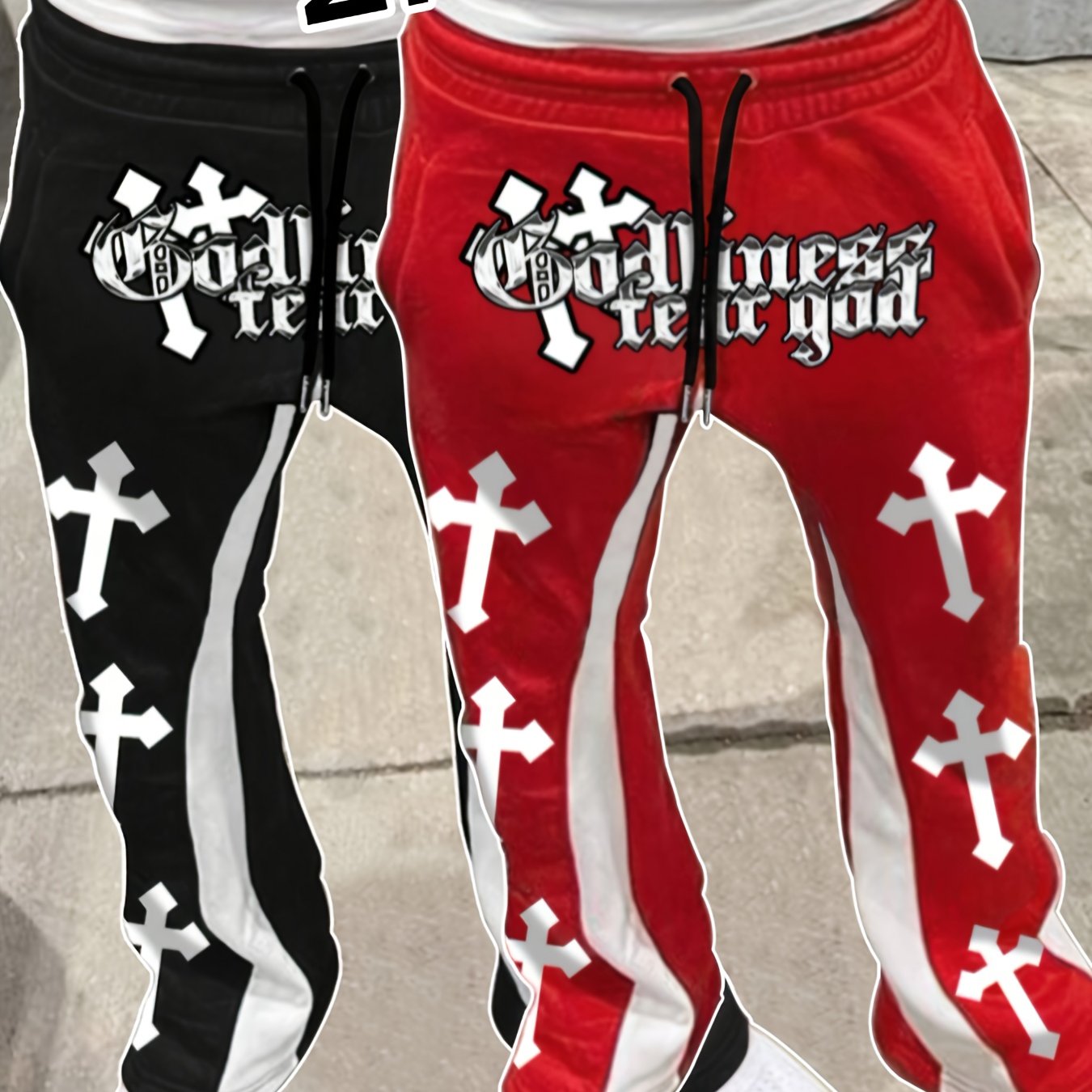 2pcs Men's Casual Jogger Pants with Elastic Waist & Drawstring - "GOD TEARS" Cross Print, Stretchy Polyester Fabric, Machine Washable - Ideal for Spring/Fall