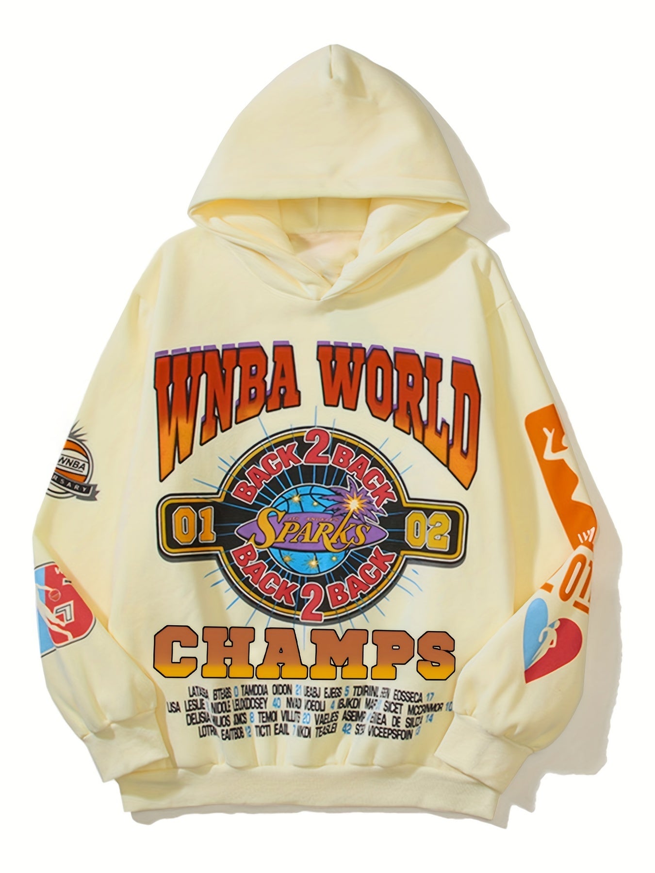 Women's Y2K-Inspired Hoodie in Cream with Vibrant NBA World Champs Graphic - Stretchy Polyester Blend, Machine Washable, Hooded, Non-Transparent, All-Season Wear