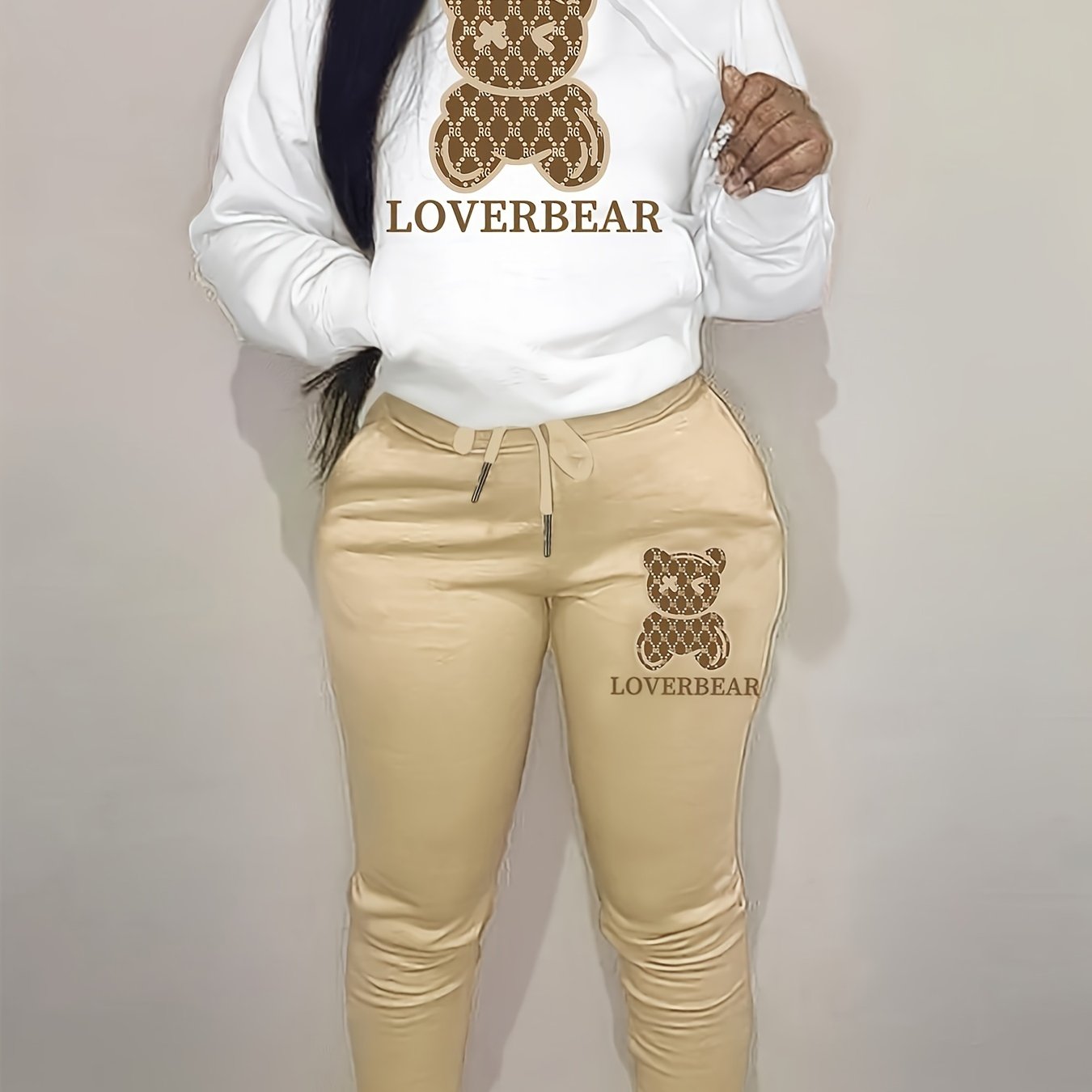 Bear Print Hoodie Two-piece Set, Casual Drop Shoulder Long Sleeve Kangaroo Pocket Drawstring Hoodies Sweatshirt & Drawstring Waist Slant Pockets Cuffed Pants Outfits, Women's Clothing