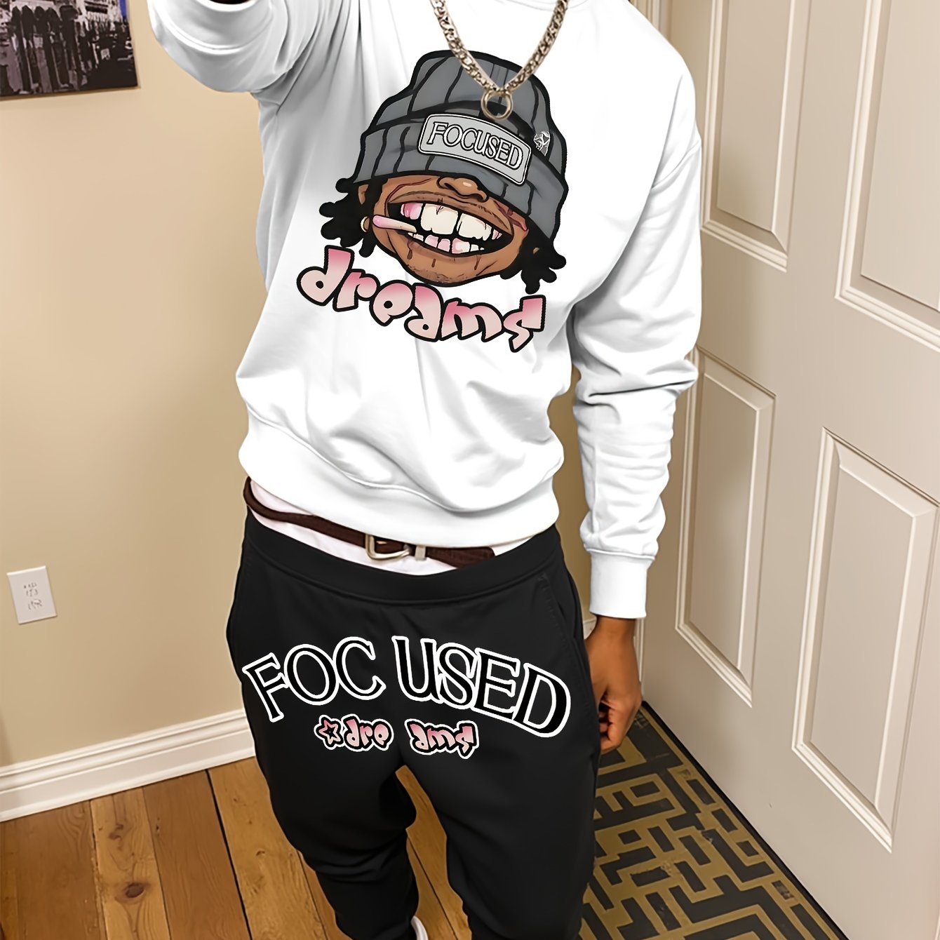 Men'S Casual Graffiti Print Sweatshirt and Pants Set, Crew Neck, Loose Fit, Knit Polyester 95%, 5% Elastane, Slight Stretch, Fall/Winter Lash Sets