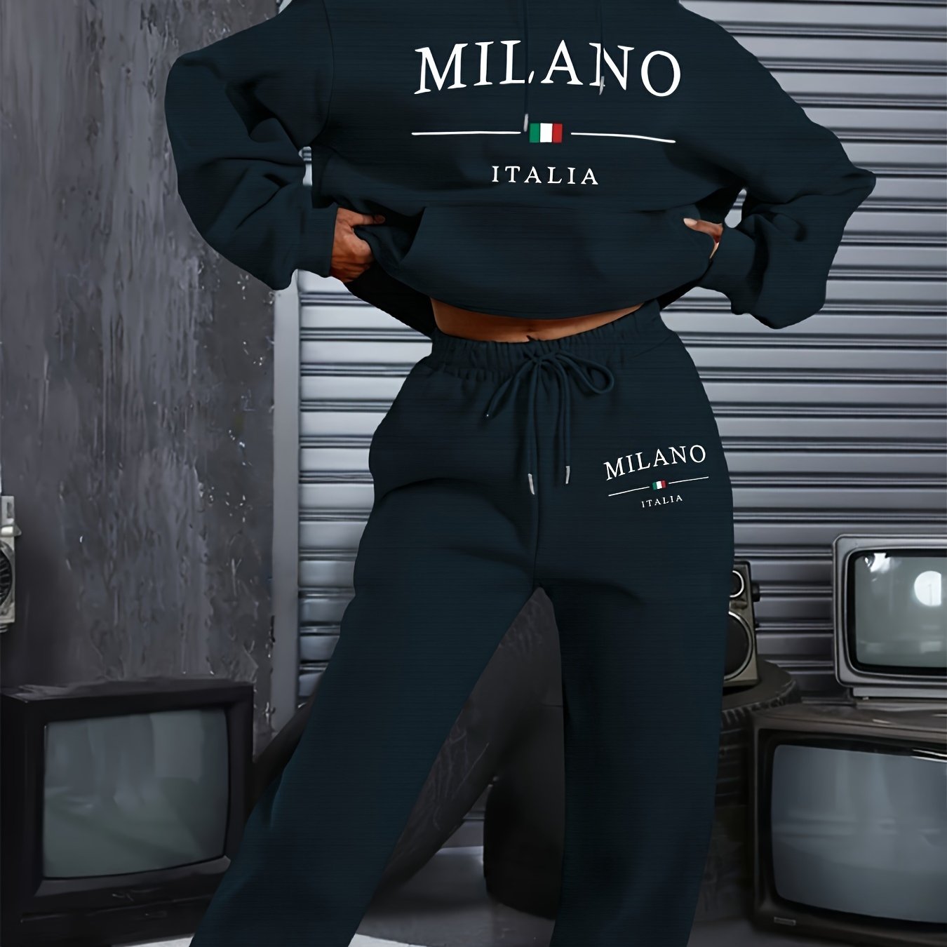 2024 Autumn And Winter Fashion Milan-Themed New Women'S Hooded Sweatshirt And Long Pants Set with a Hooded Long-Sleeve Casual Top.
