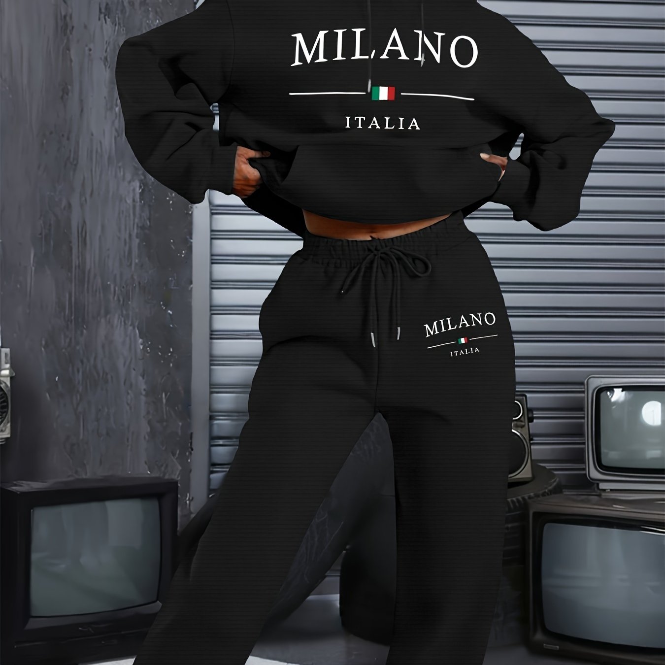 2024 Autumn And Winter Fashion Milan-Themed New Women'S Hooded Sweatshirt And Long Pants Set with a Hooded Long-Sleeve Casual Top.