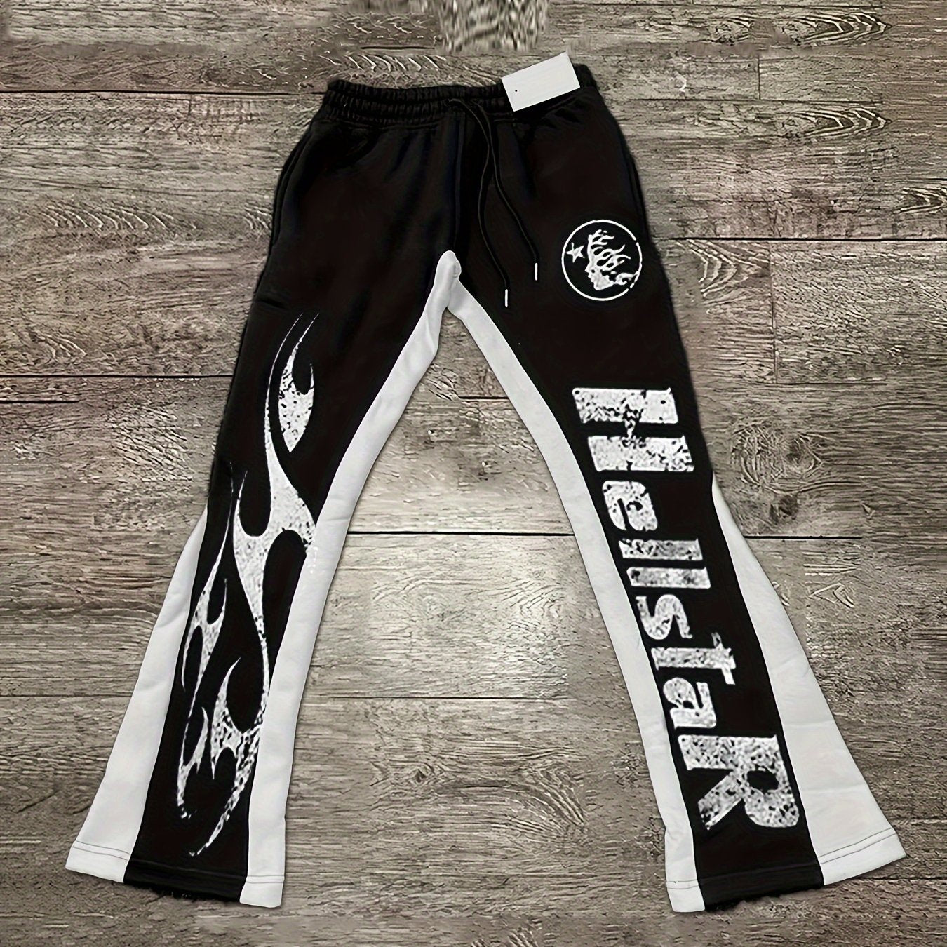 Men'S Casual Flare Leg Pants, Polyester Knit Fabric, Regular Fit, with Geometric Pattern, Asymmetrical Detail, Slight Stretch, for Fall/Winter Collection