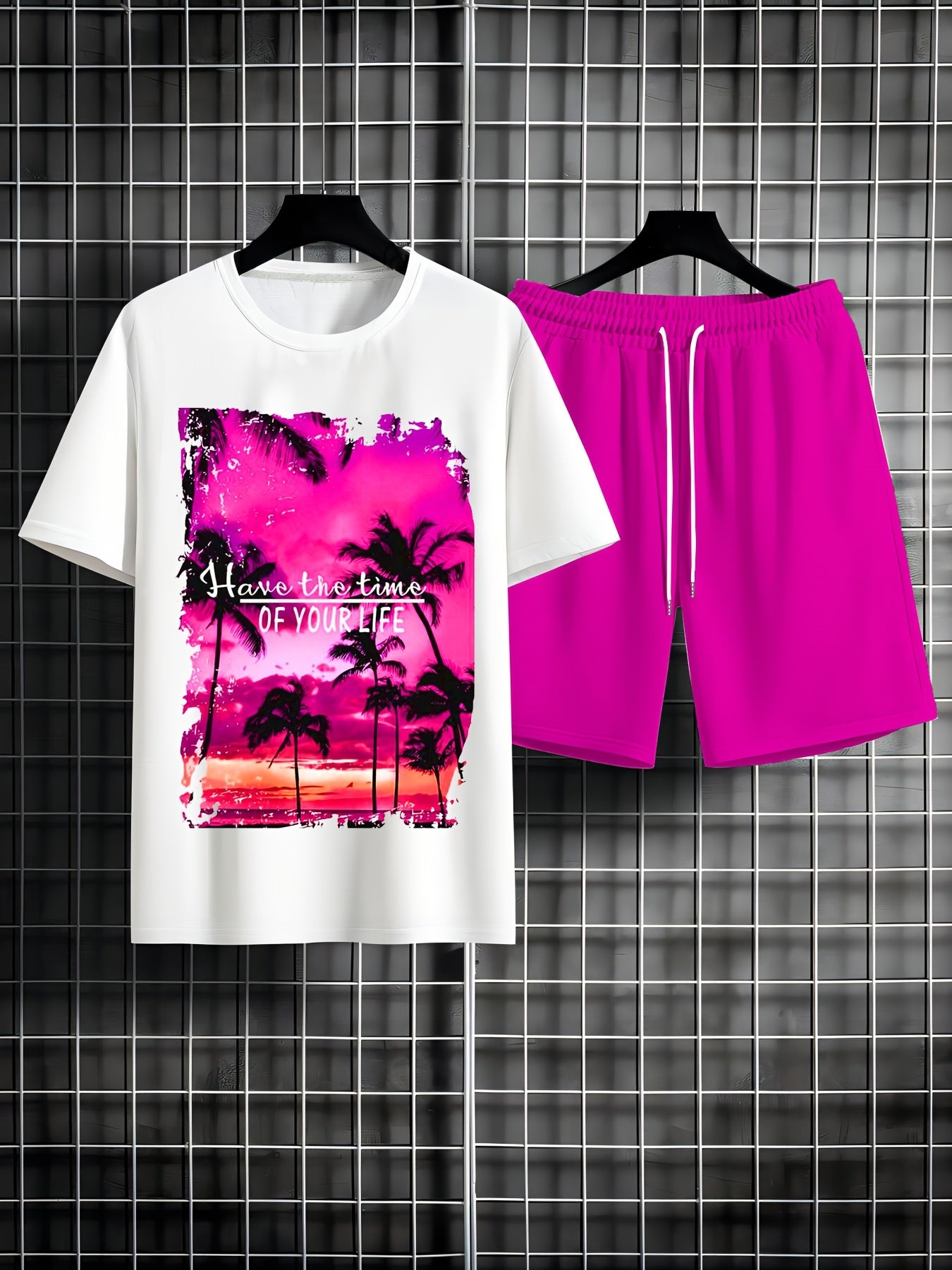 2pcs Comfortable Men's Casual Round Neck Short Sleeve Tee & Drawstring Shorts Set: Tropical Coconut Tree Print - Perfect for Summer, Beach Vacations & Home Wear