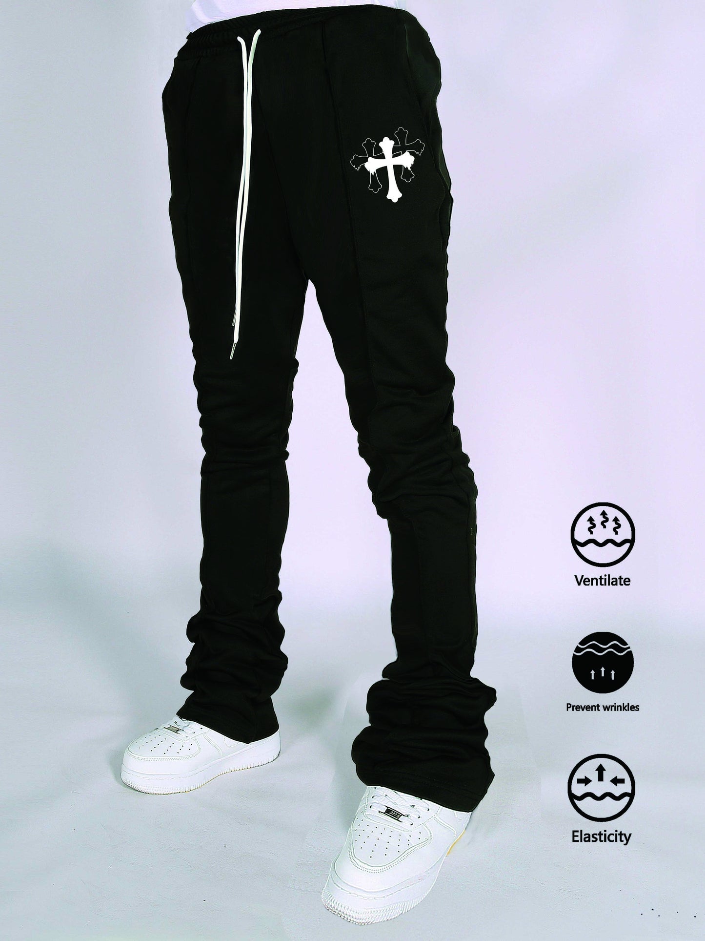 Men's Casual Drawstring Joggers with Cross Pattern - 100% Polyester, Slight Stretch Knit Fabric, Elastic Waist, Spring/Fall Season, Anti-Wrinkle, Breathable, Regular Fit Pants