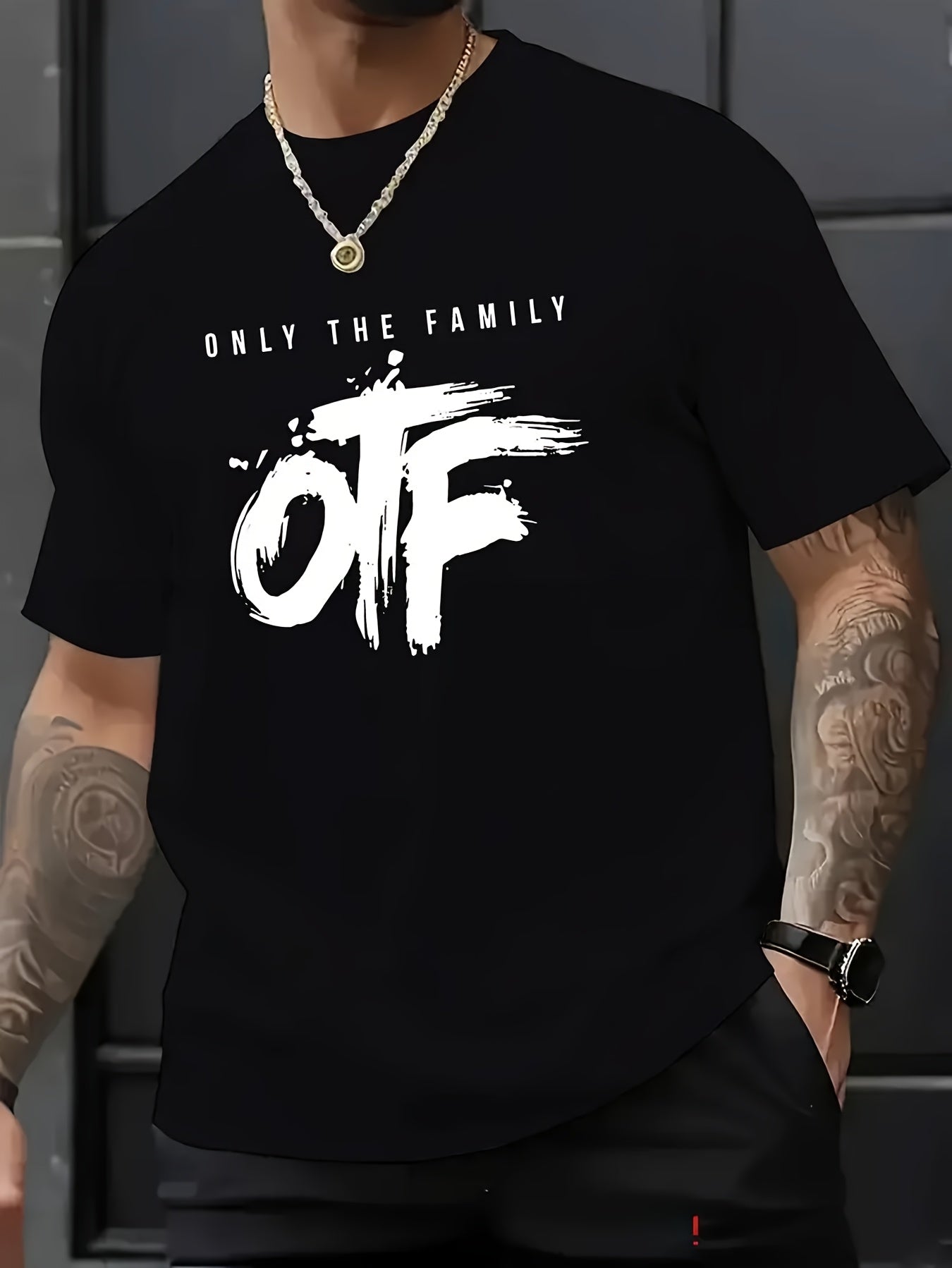OTF Only The Family" Men's White Cotton T-Shirt - Casual & Modern Street Style, Round Neck, Short Sleeve, Summer Fashion Top with Black Brushstroke Design