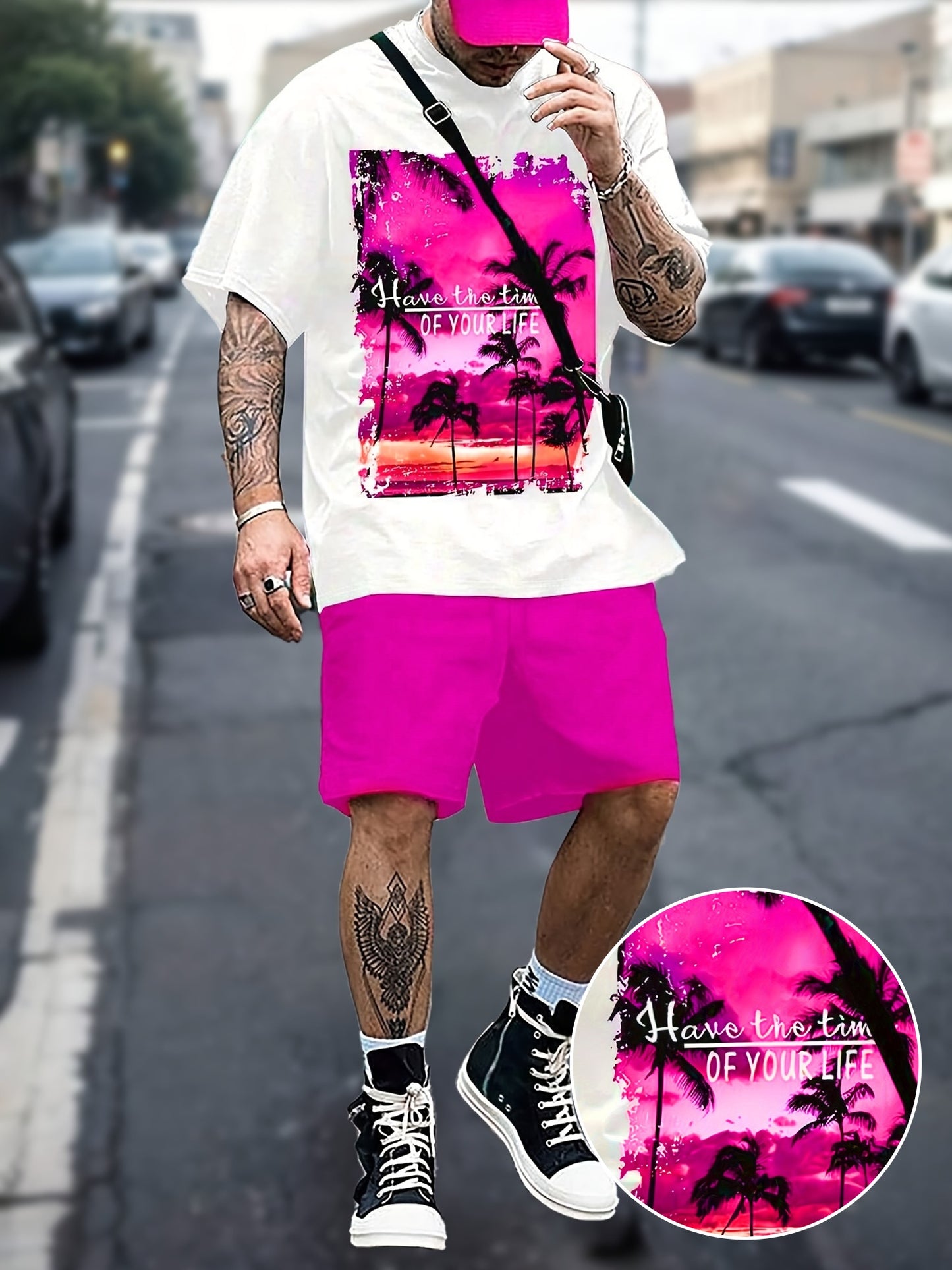 2pcs Comfortable Men's Casual Round Neck Short Sleeve Tee & Drawstring Shorts Set: Tropical Coconut Tree Print - Perfect for Summer, Beach Vacations & Home Wear