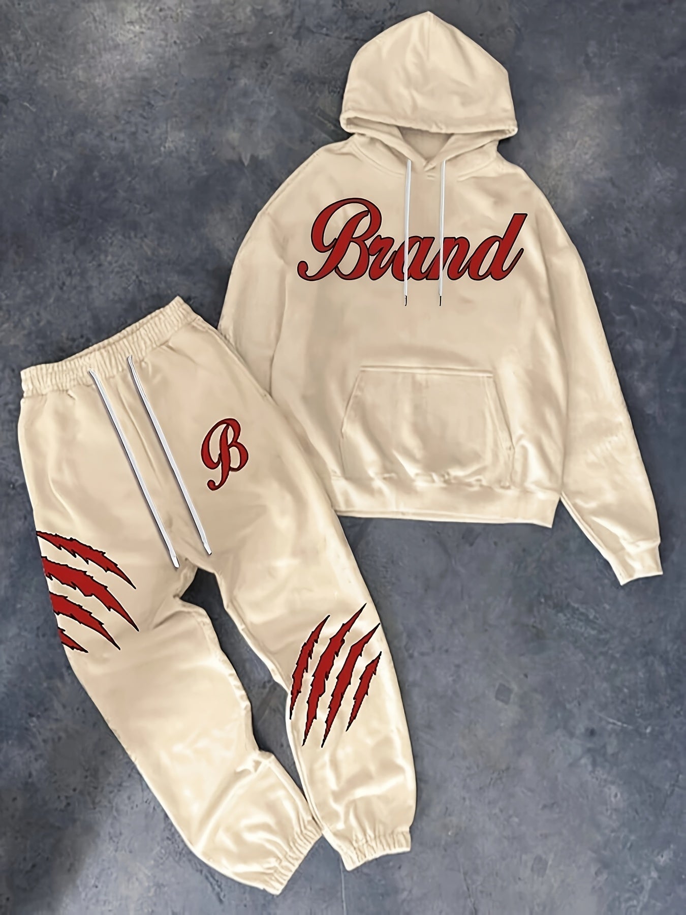 2-Piece Autumn Winter Sets, Men's Casual Brand Letter Hooded Sweatshirt & B Letter Drawstring Jogger Pants Set for Outing and Daily Wear