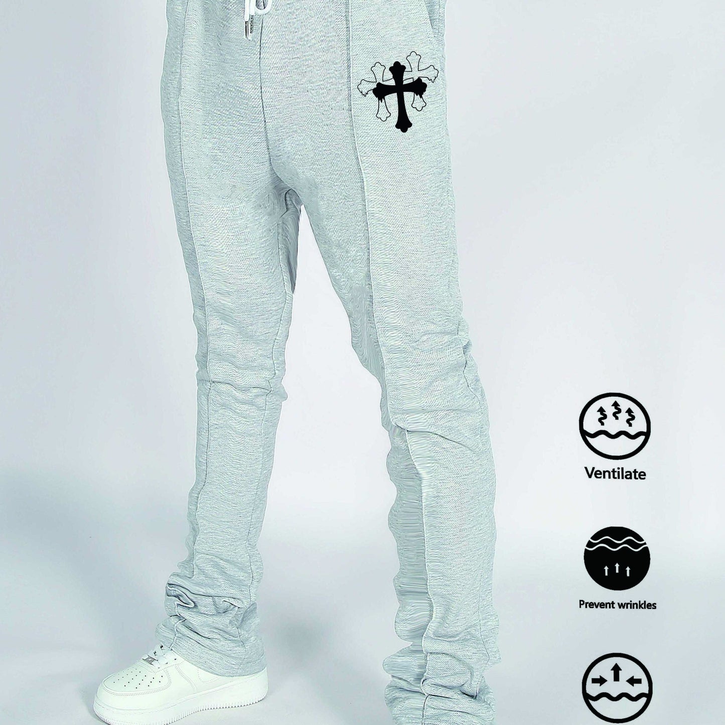 Men's Casual Drawstring Joggers with Cross Pattern - 100% Polyester, Slight Stretch Knit Fabric, Elastic Waist, Spring/Fall Season, Anti-Wrinkle, Breathable, Regular Fit Pants