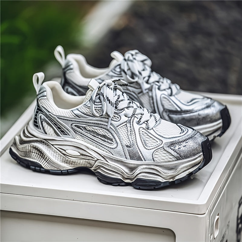 Men's Trendy Chunky Sneakers - Breathable Mesh, Lace-Up Casual Running Shoes with Thick Platform for All Seasons