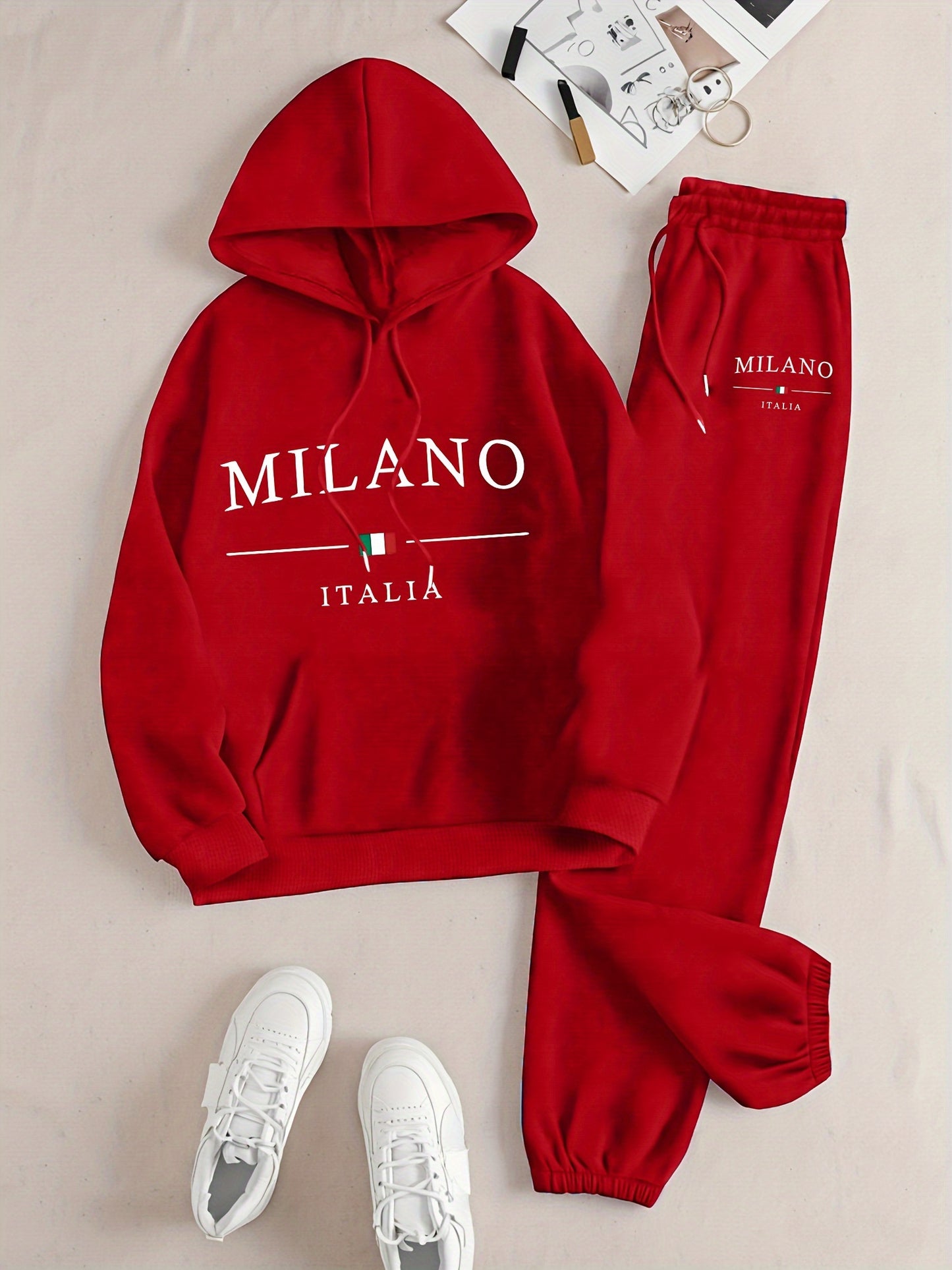 2024 Autumn And Winter Fashion Milan-Themed New Women'S Hooded Sweatshirt And Long Pants Set with a Hooded Long-Sleeve Casual Top.