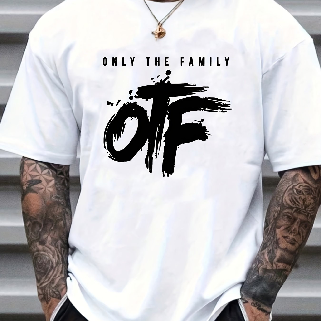 OTF Only The Family" Men's White Cotton T-Shirt - Casual & Modern Street Style, Round Neck, Short Sleeve, Summer Fashion Top with Black Brushstroke Design