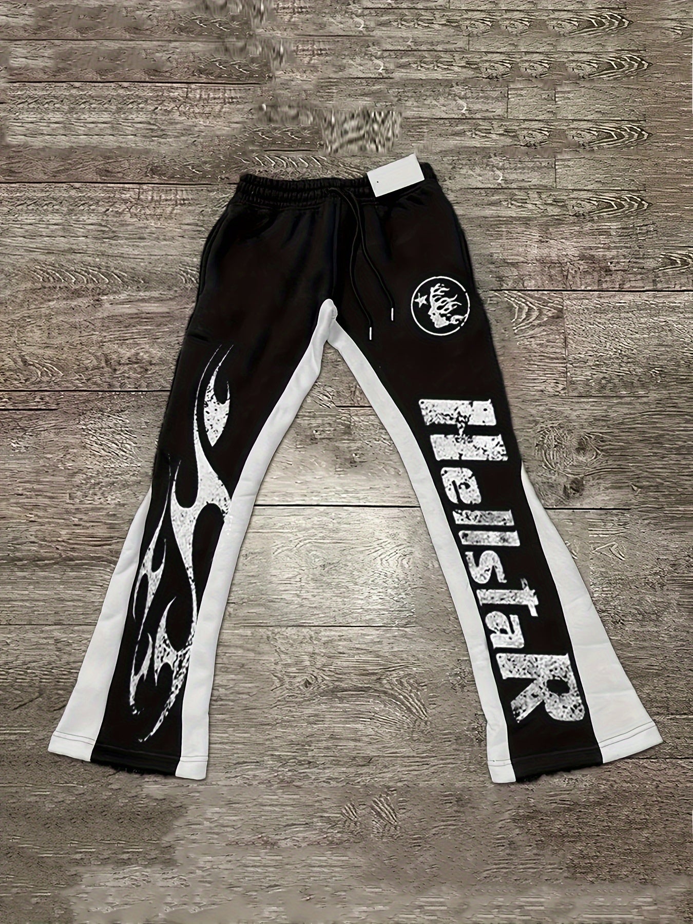 Men'S Casual Flare Leg Pants, Polyester Knit Fabric, Regular Fit, with Geometric Pattern, Asymmetrical Detail, Slight Stretch, for Fall/Winter Collection