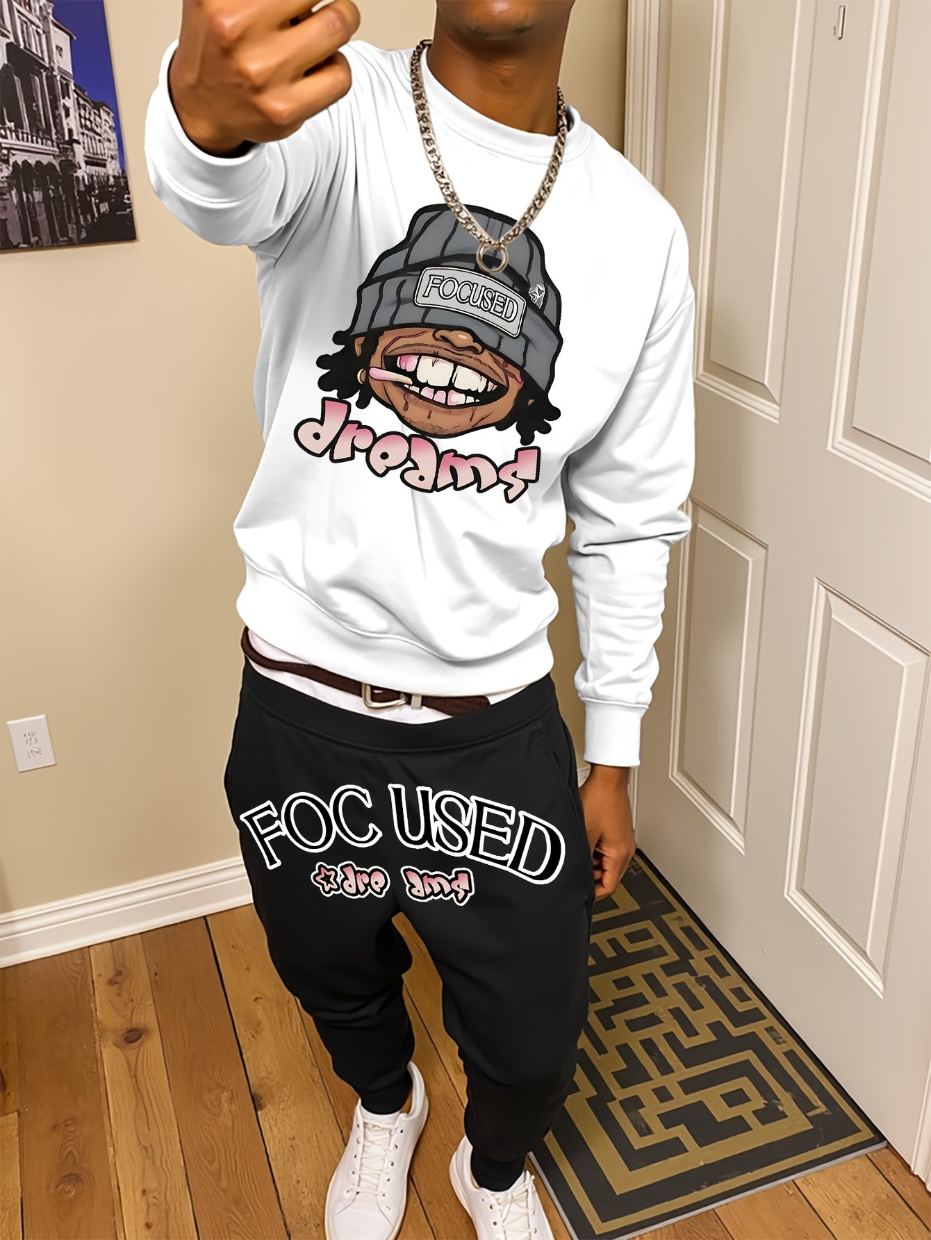 Men'S Casual Graffiti Print Sweatshirt and Pants Set, Crew Neck, Loose Fit, Knit Polyester 95%, 5% Elastane, Slight Stretch, Fall/Winter Lash Sets
