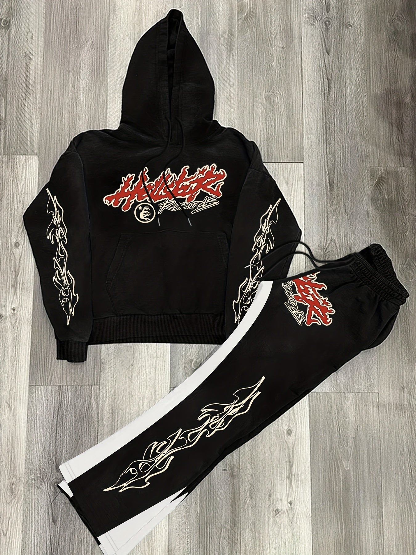 Autumn and Winter Men's Loose Casual Long Sleeve Hoodie with Flame Print and Letter Sweatshirt with Trousers, Men's Daily Wear