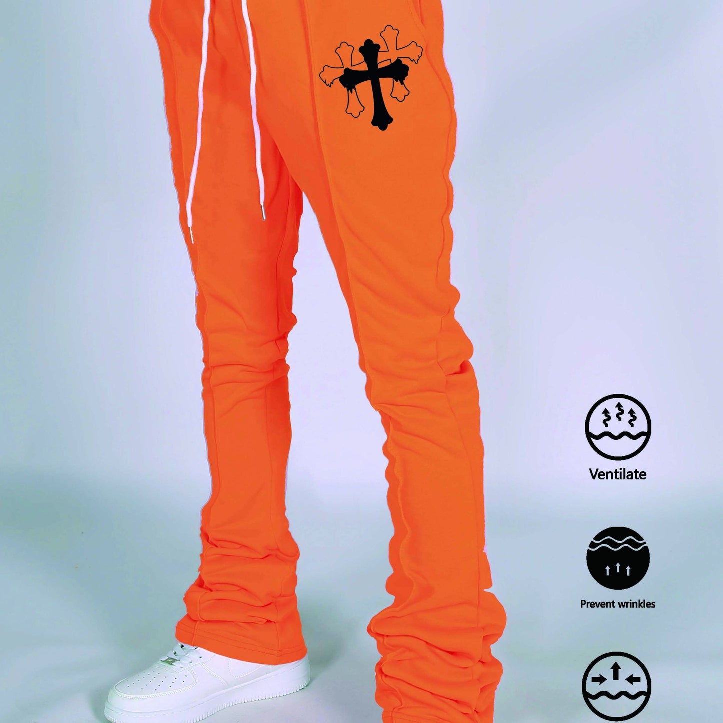 Men's Casual Drawstring Joggers with Cross Pattern - 100% Polyester, Slight Stretch Knit Fabric, Elastic Waist, Spring/Fall Season, Anti-Wrinkle, Breathable, Regular Fit Pants