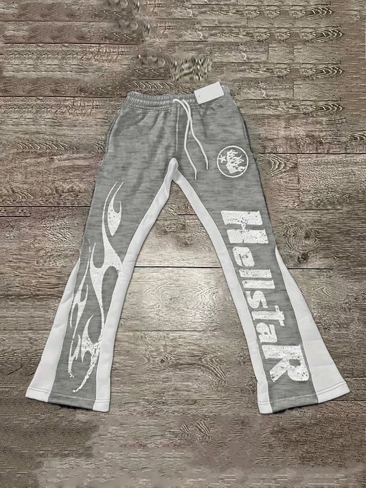 Men'S Casual Flare Leg Pants, Polyester Knit Fabric, Regular Fit, with Geometric Pattern, Asymmetrical Detail, Slight Stretch, for Fall/Winter Collection