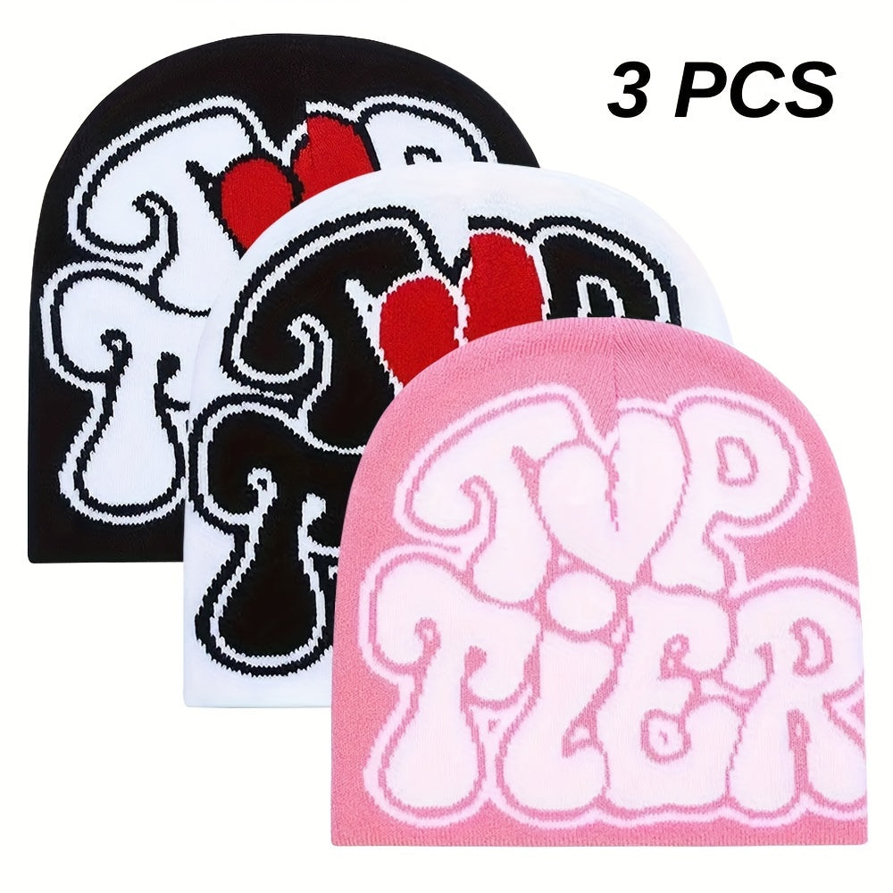3pcs 'TOP TIER' Hip Hop Beanie - Y2K Fashion Knit Hat, Stretchy & Lightweight for Halloween, Warm Outdoor Cap
