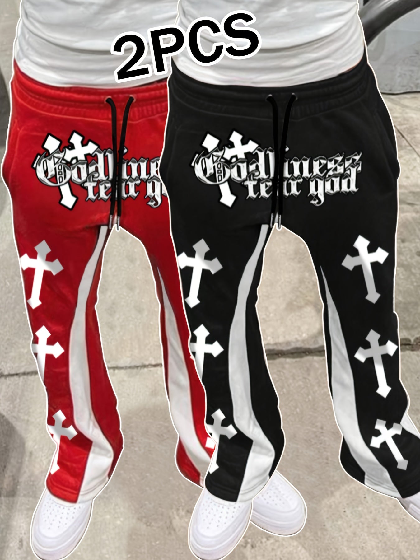 2pcs Men's Casual Jogger Pants with Elastic Waist & Drawstring - "GOD TEARS" Cross Print, Stretchy Polyester Fabric, Machine Washable - Ideal for Spring/Fall