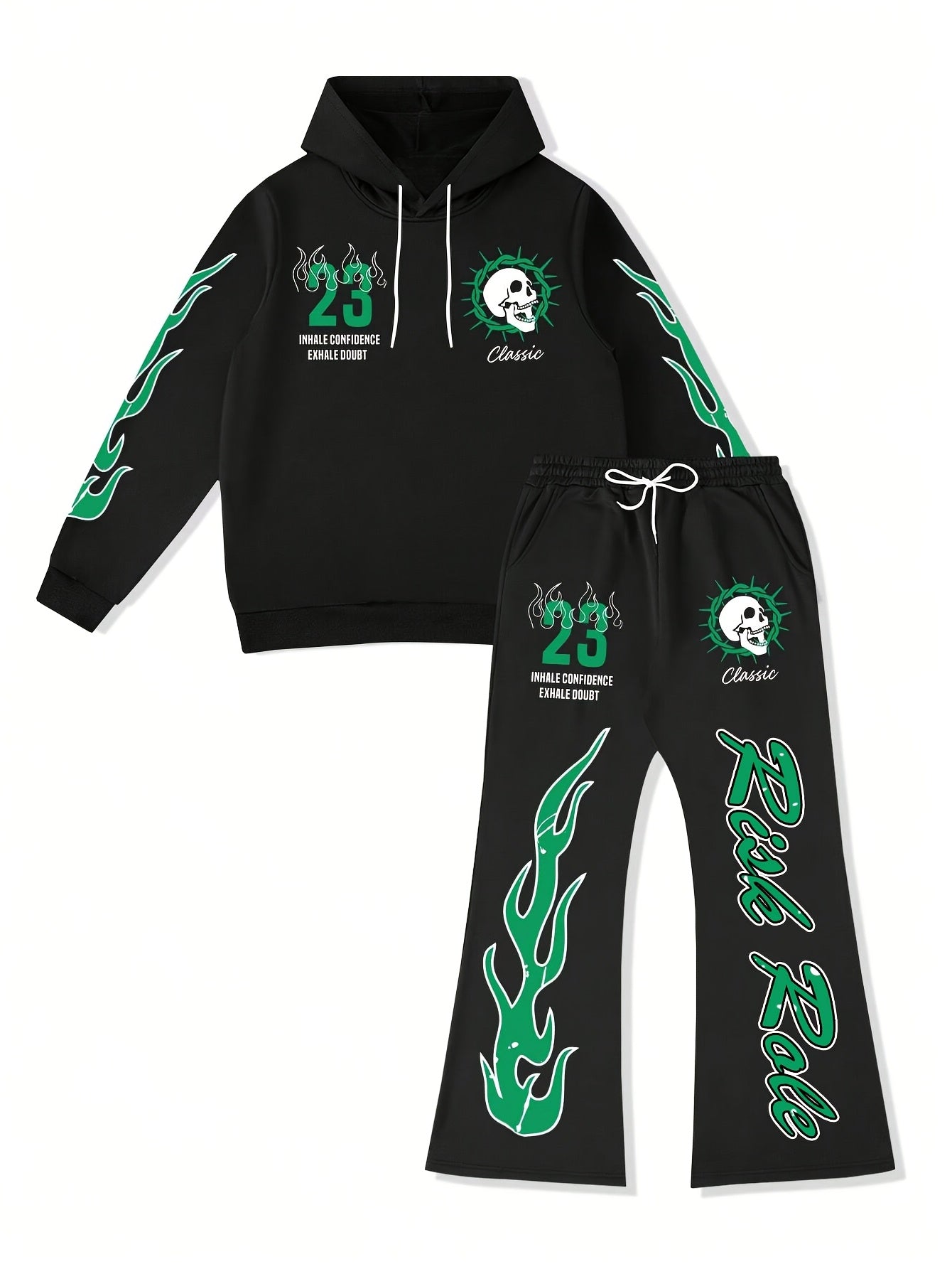 Men's Flame Graphic Hoodie & Sweatpants Set - "FIRE" 23 Print, Casual Streetwear, Polyester Blend, Machine Washable, 2pcs Tracksuit for Autumn/Winter, Essential Hoodie