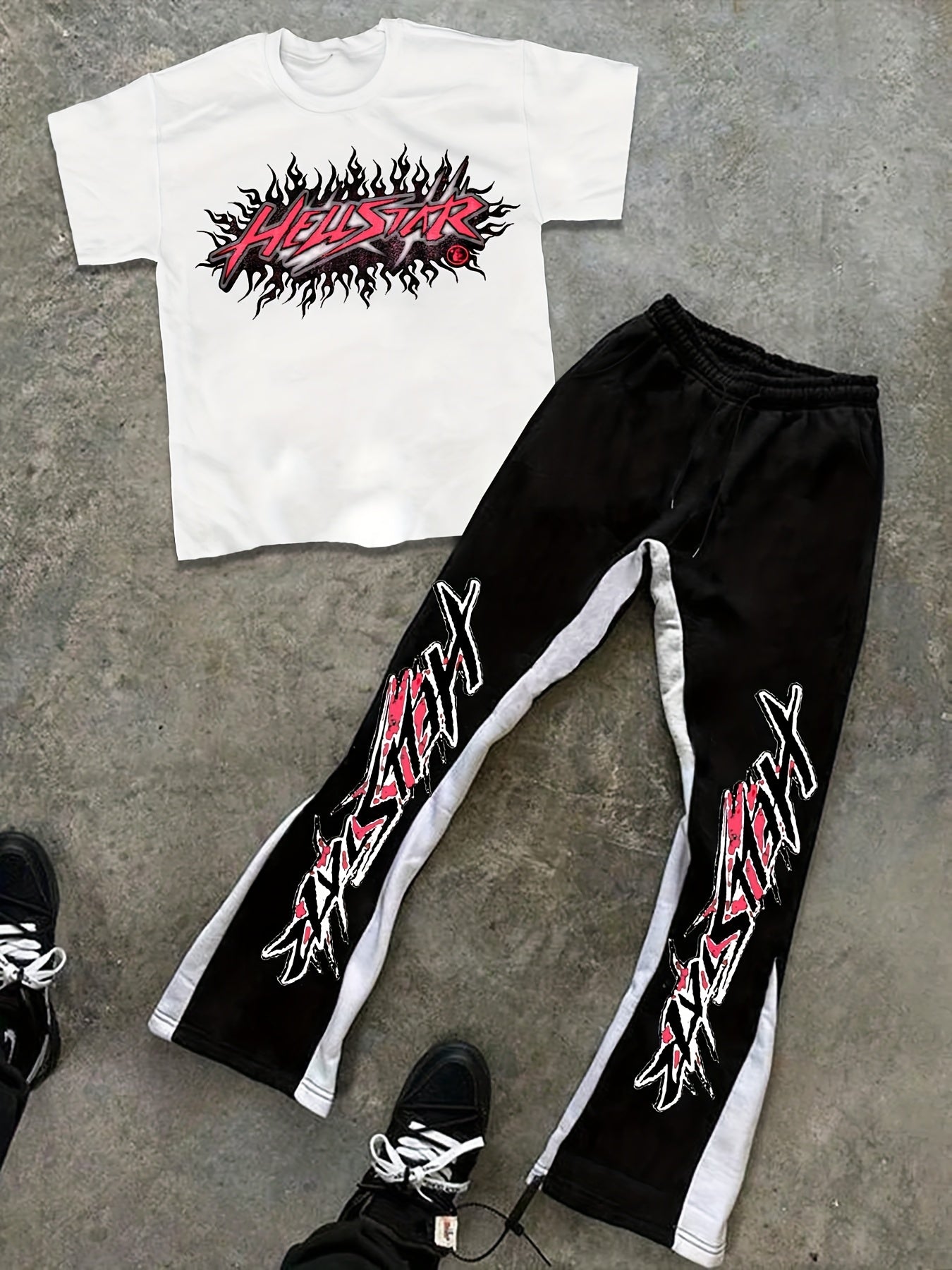 Men'S Hellstar Print T-Shirt and Bell Bottoms Set, Casual Crew Neck Short Sleeve Tee, Summer Street Fashion, Polyester 100%, Slight Stretch Knit Fabric, Regular Fit, 250gsm - Versatile Outfit for Daily Wear
