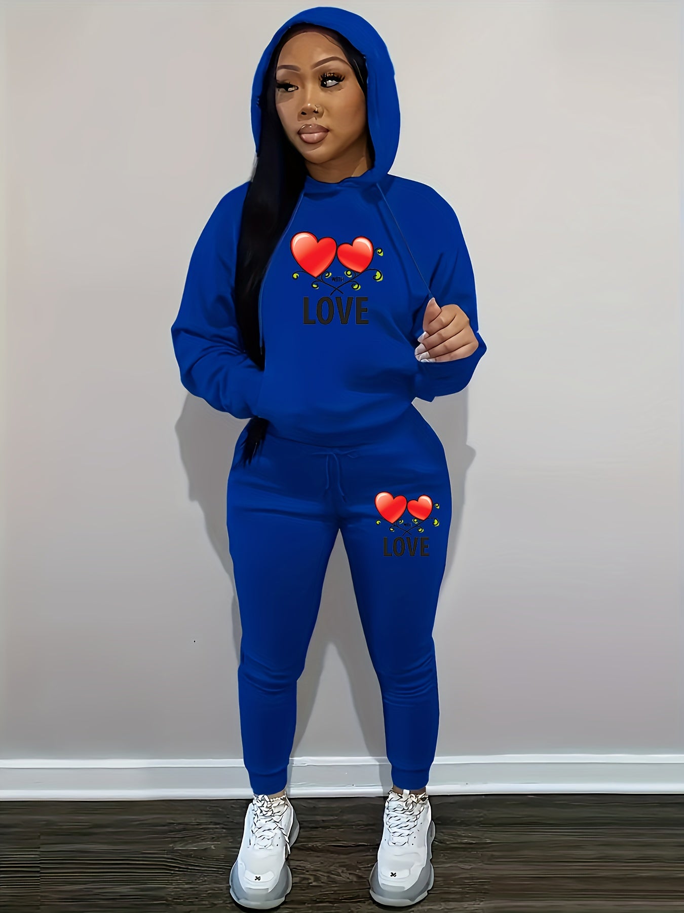 Women's Casual Pink Knit Two-Piece Set with Love Heart Print - Long Sleeve Hooded Top & Tie-Waist Pants, Polyester Blend, Perfect for Valentine's Day, Comfortable Clothing|Matching Set|Knit Polyester