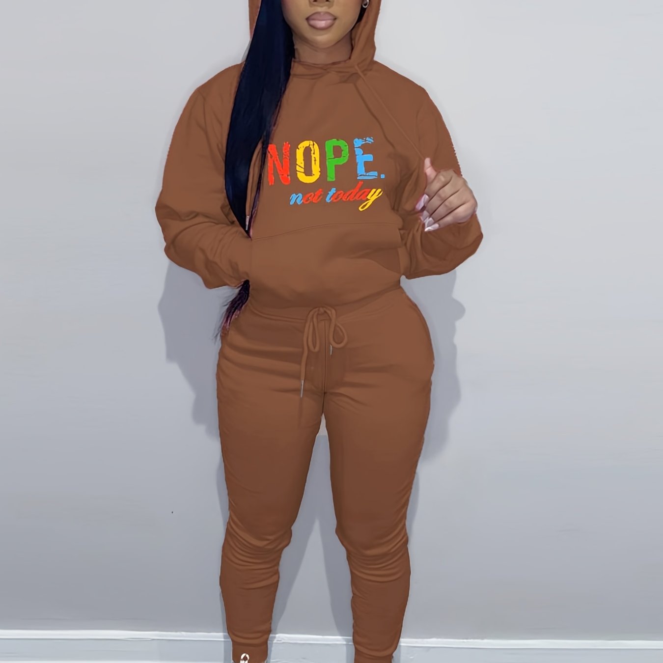 Bear Print Hoodie Two-piece Set, Casual Drop Shoulder Long Sleeve Kangaroo Pocket Drawstring Hoodies Sweatshirt & Drawstring Waist Slant Pockets Cuffed Pants Outfits, Women's Clothing