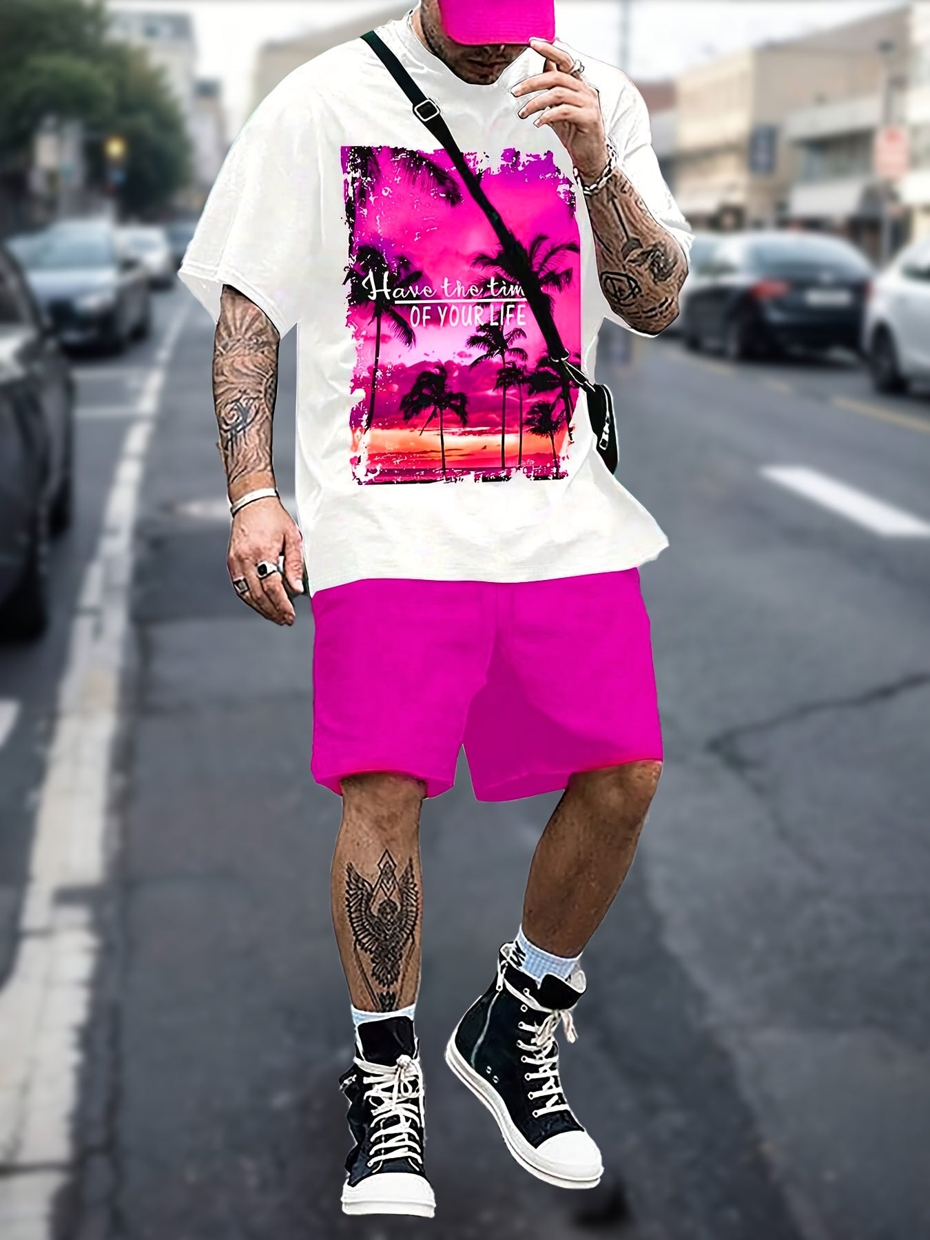 2pcs Comfortable Men's Casual Round Neck Short Sleeve Tee & Drawstring Shorts Set: Tropical Coconut Tree Print - Perfect for Summer, Beach Vacations & Home Wear