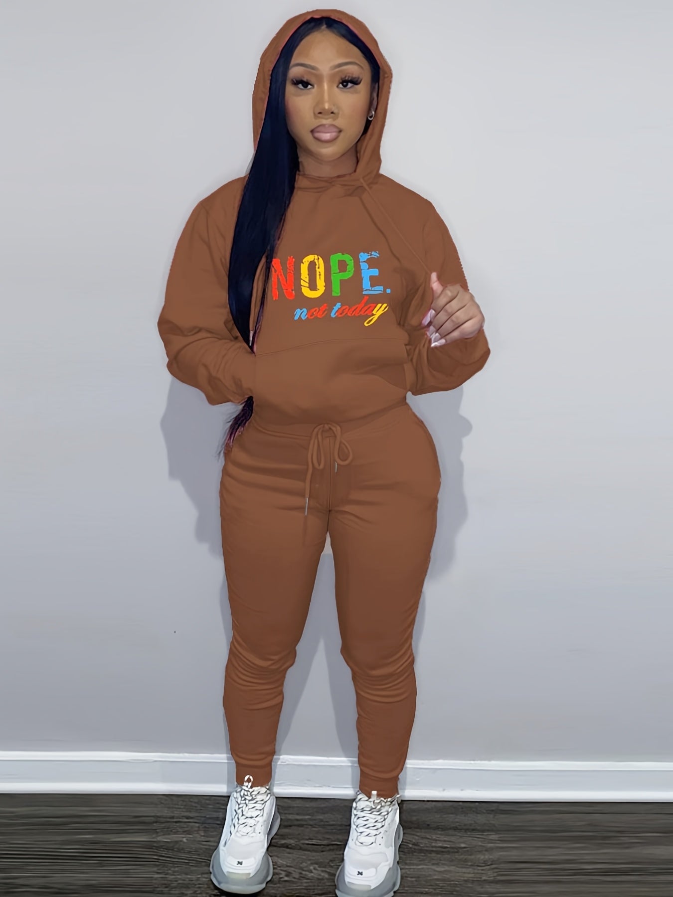 Bear Print Hoodie Two-piece Set, Casual Drop Shoulder Long Sleeve Kangaroo Pocket Drawstring Hoodies Sweatshirt & Drawstring Waist Slant Pockets Cuffed Pants Outfits, Women's Clothing