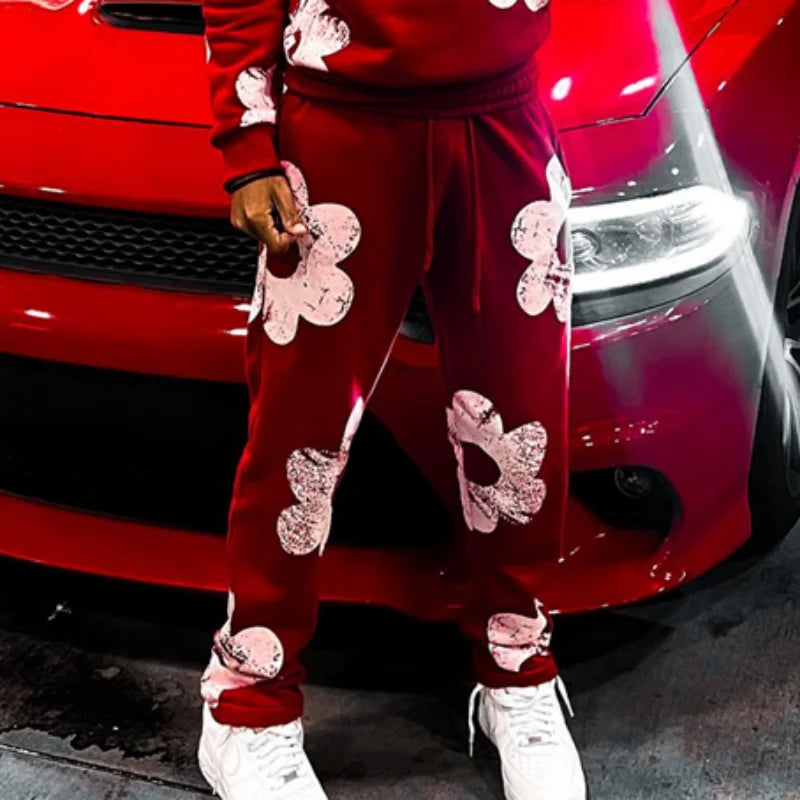 2024 American Winter Couple Y2k Hooded 2 Piece Sets Print Coats + Drawstring Pants Long Sleeve Sportswear Oversized Casual Suits