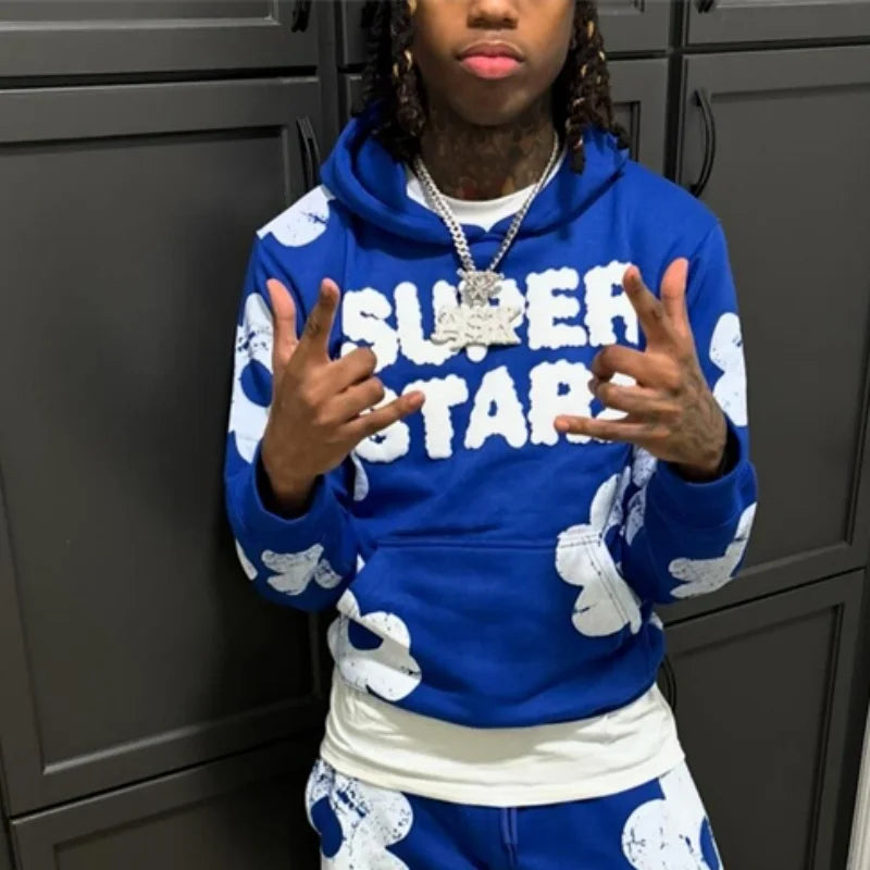 2024 American Winter Couple Y2k Hooded 2 Piece Sets Print Coats + Drawstring Pants Long Sleeve Sportswear Oversized Casual Suits