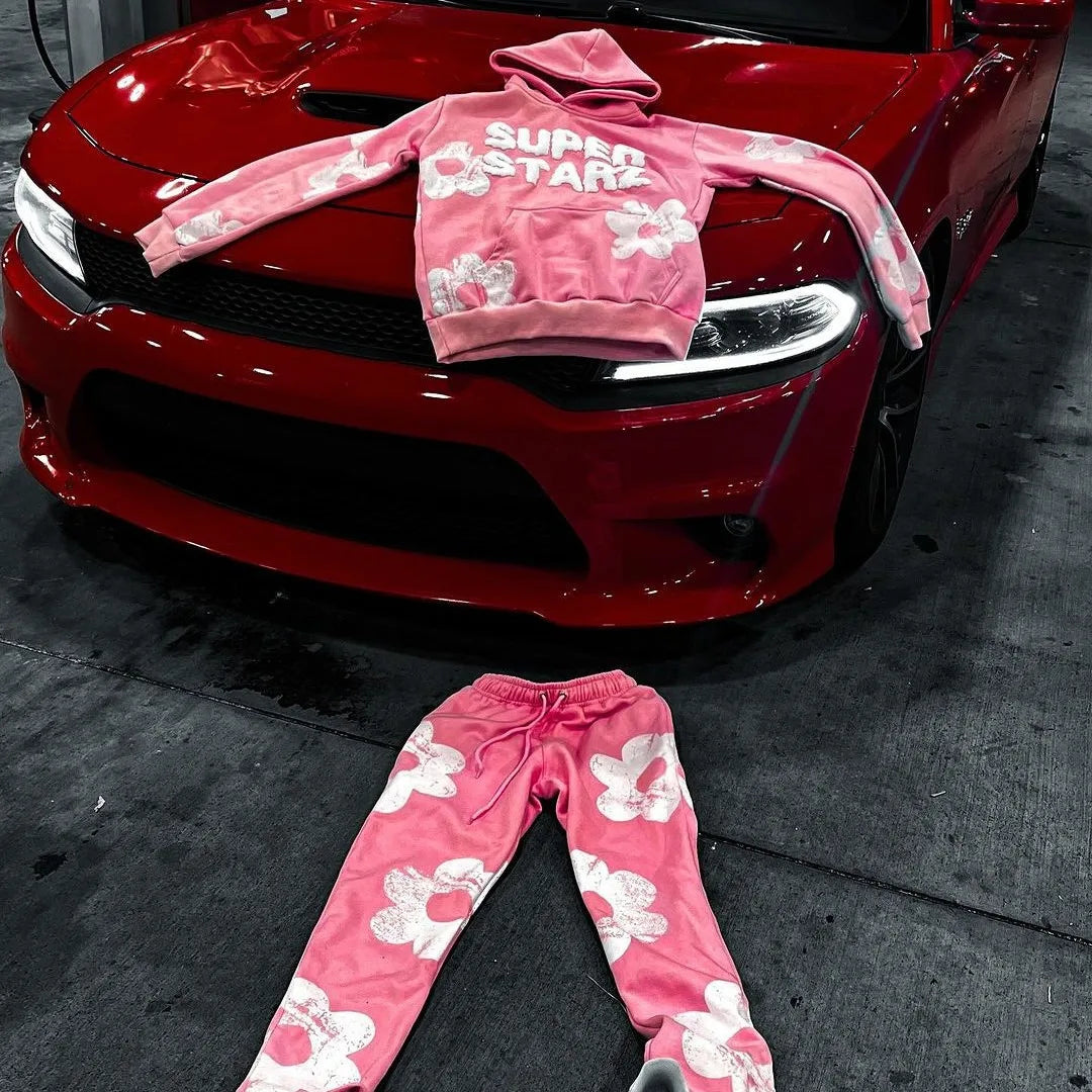 2024 American Winter Couple Y2k Hooded 2 Piece Sets Print Coats + Drawstring Pants Long Sleeve Sportswear Oversized Casual Suits