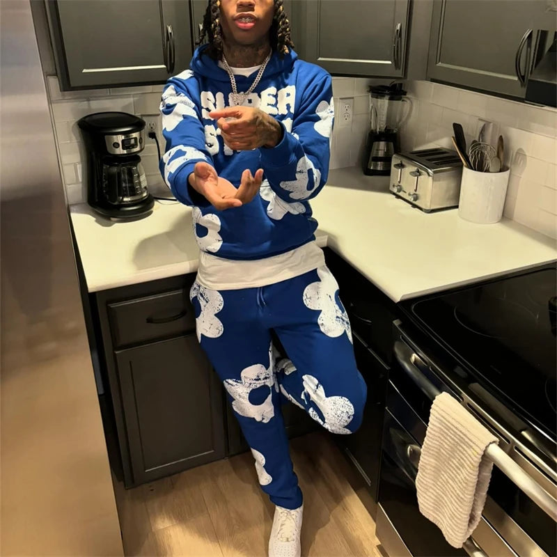 2024 American Winter Couple Y2k Hooded 2 Piece Sets Print Coats + Drawstring Pants Long Sleeve Sportswear Oversized Casual Suits