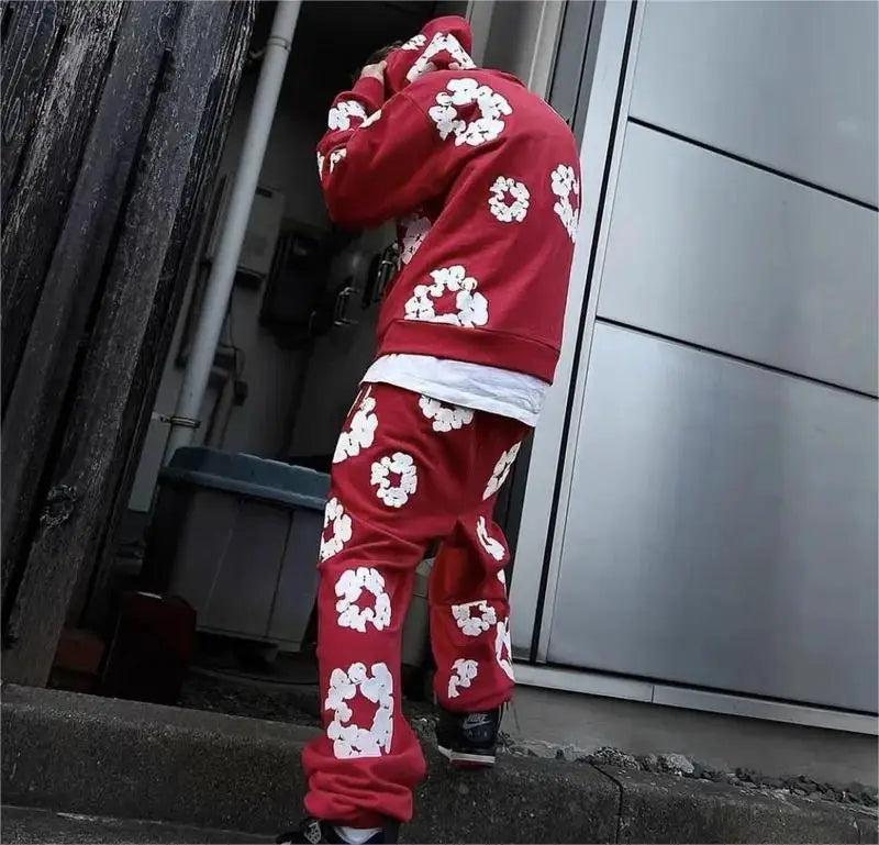 2024 American Winter Couple Y2k Hooded 2 Piece Sets Print Coats + Drawstring Pants Long Sleeve Sportswear Oversized Casual Suits