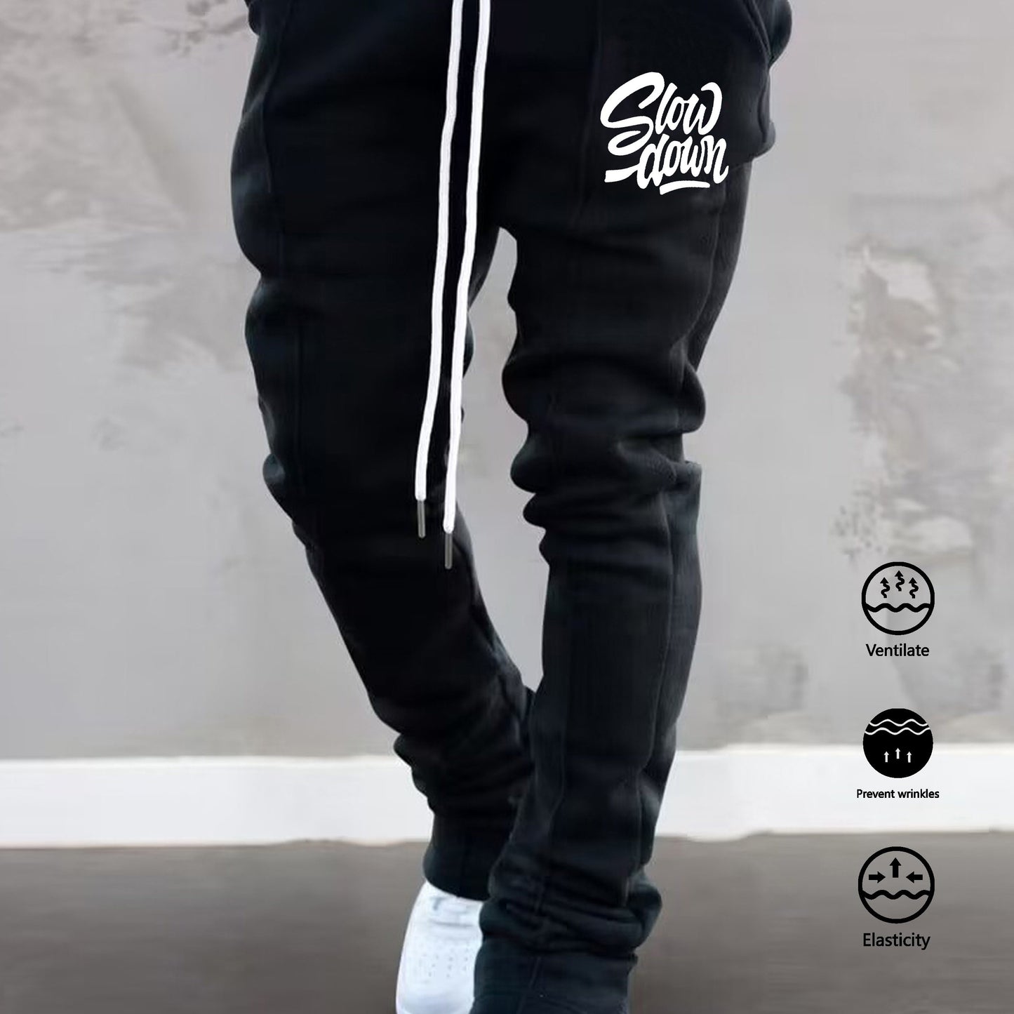 Men'S Casual Jogger Pants, Polyester 100% Knit Fabric, Slight Stretch, Regular Fit, Spring/Fall Season, 220g/m², Alphabet Pattern, Drawstring Detail, Regular Length - Trendy Hip Hop Rock Style