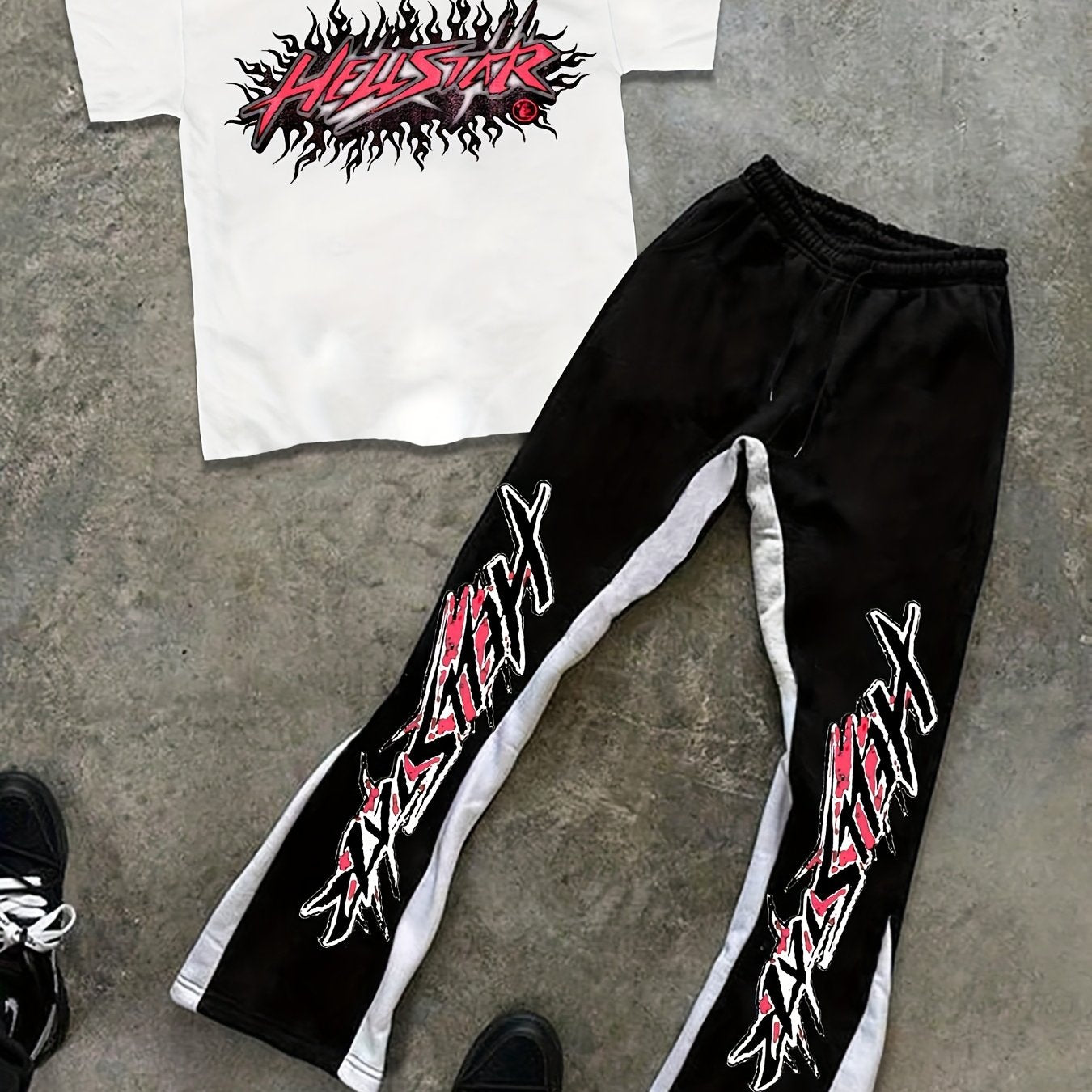 Men'S Hellstar Print T-Shirt and Bell Bottoms Set, Casual Crew Neck Short Sleeve Tee, Summer Street Fashion, Polyester 100%, Slight Stretch Knit Fabric, Regular Fit, 250gsm - Versatile Outfit for Daily Wear