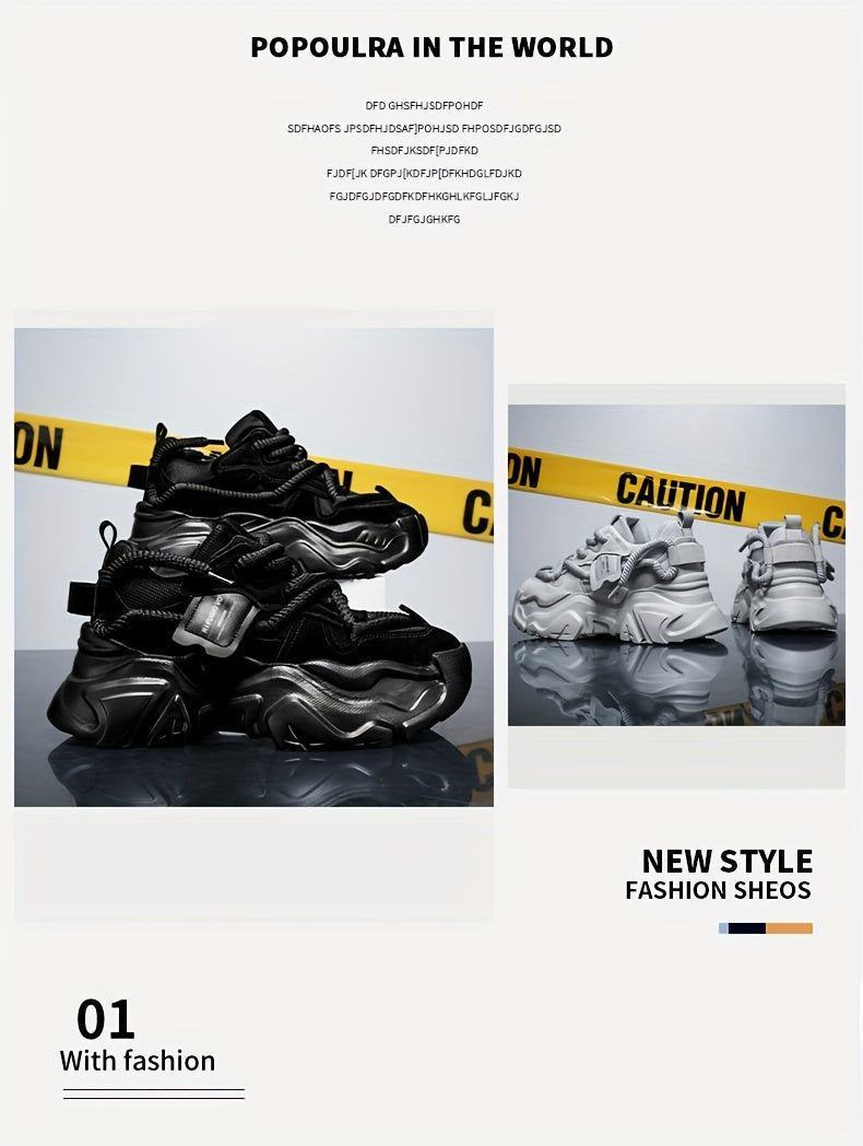 Men's Breathable Mesh Chunky Sneakers - Light Gray, Casual & Sporty Running Shoes with Height Boost, Versatile for All Seasons, Lace-Up Closure, PVC Sole