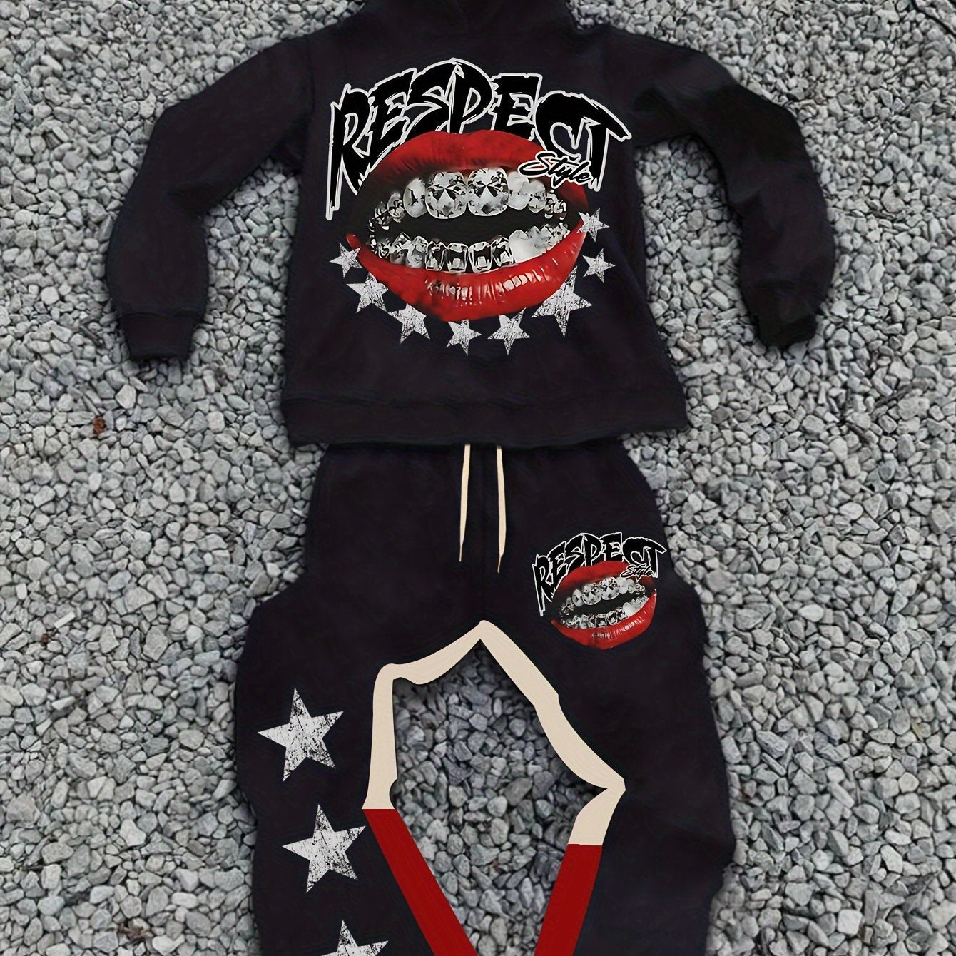 1set Men'S Casual Polyester Hoodie and Sweatpants Set, 100% Polyester Knit Fabric with Slight Stretch, Printed Pattern, Hooded Collar, Regular Fit for Weekend Casual Wear - Fall/Winter Collection