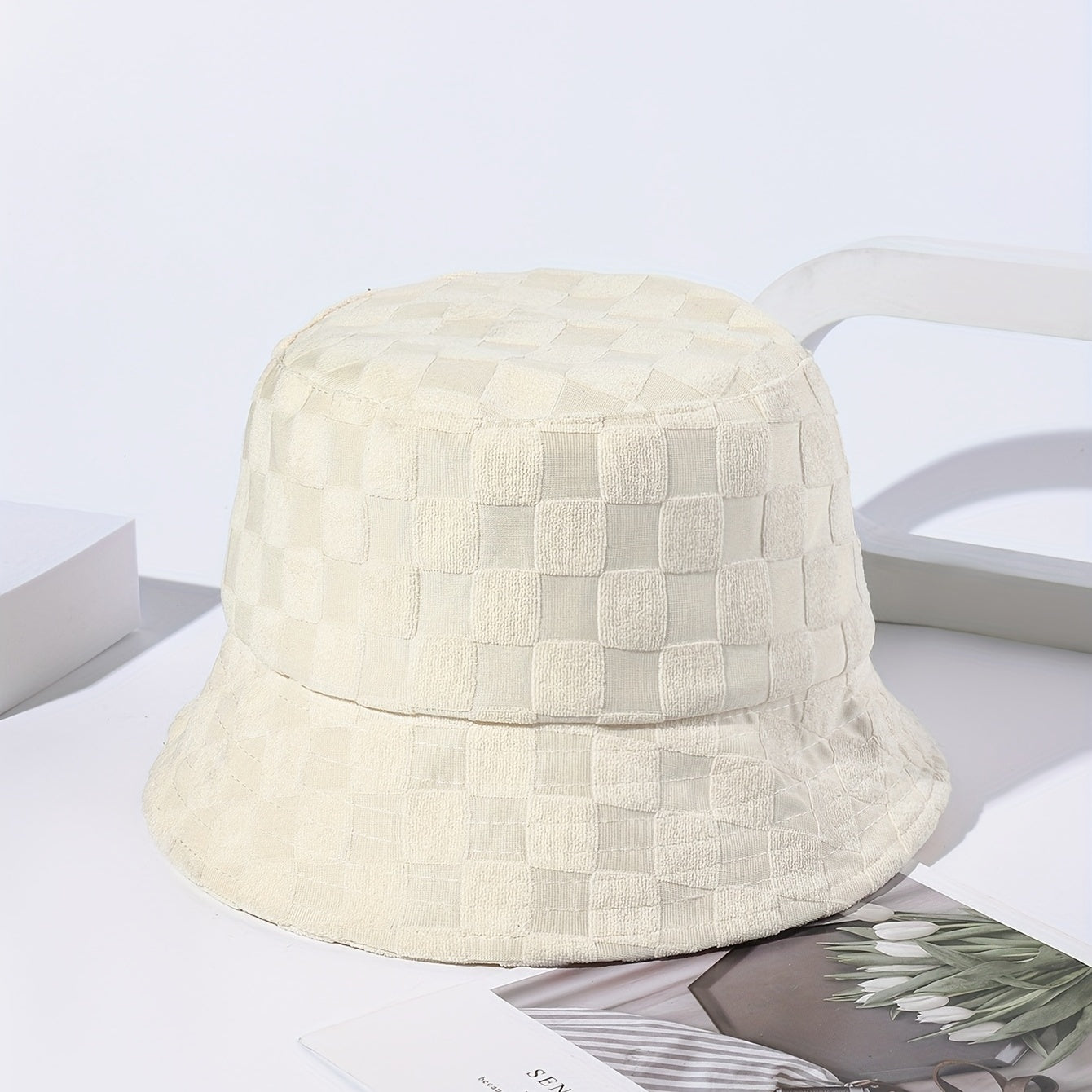 Plaid Embossed Bucket Hat Solid Color Trendy Casual Basin Hat Unisex Couple Fisherman Cap For Women Men