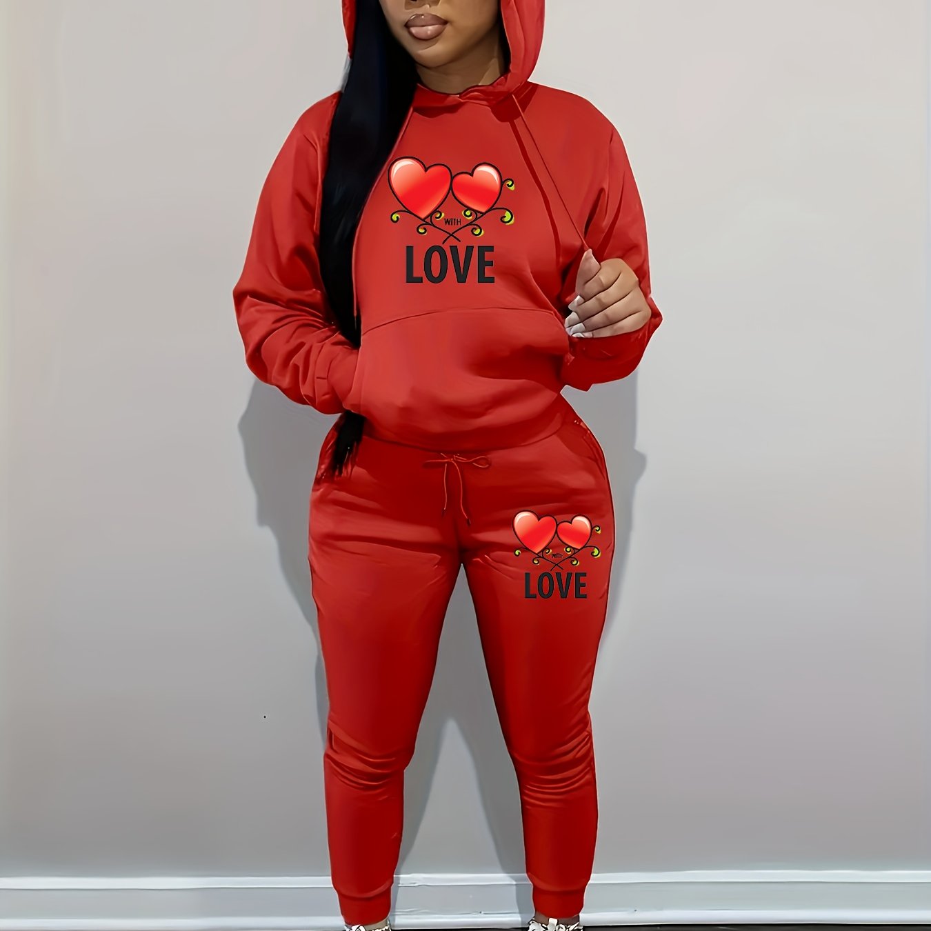 Women's Casual Pink Knit Two-Piece Set with Love Heart Print - Long Sleeve Hooded Top & Tie-Waist Pants, Polyester Blend, Perfect for Valentine's Day, Comfortable Clothing|Matching Set|Knit Polyester
