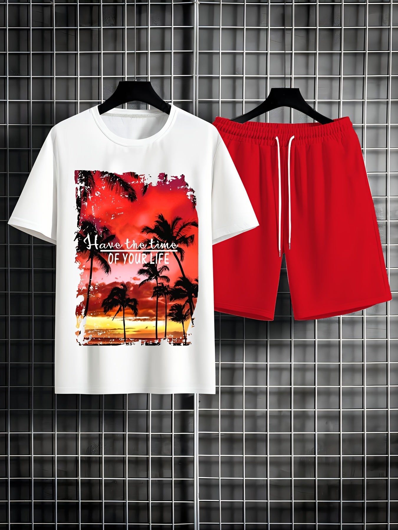 2pcs Comfortable Men's Casual Round Neck Short Sleeve Tee & Drawstring Shorts Set: Tropical Coconut Tree Print - Perfect for Summer, Beach Vacations & Home Wear