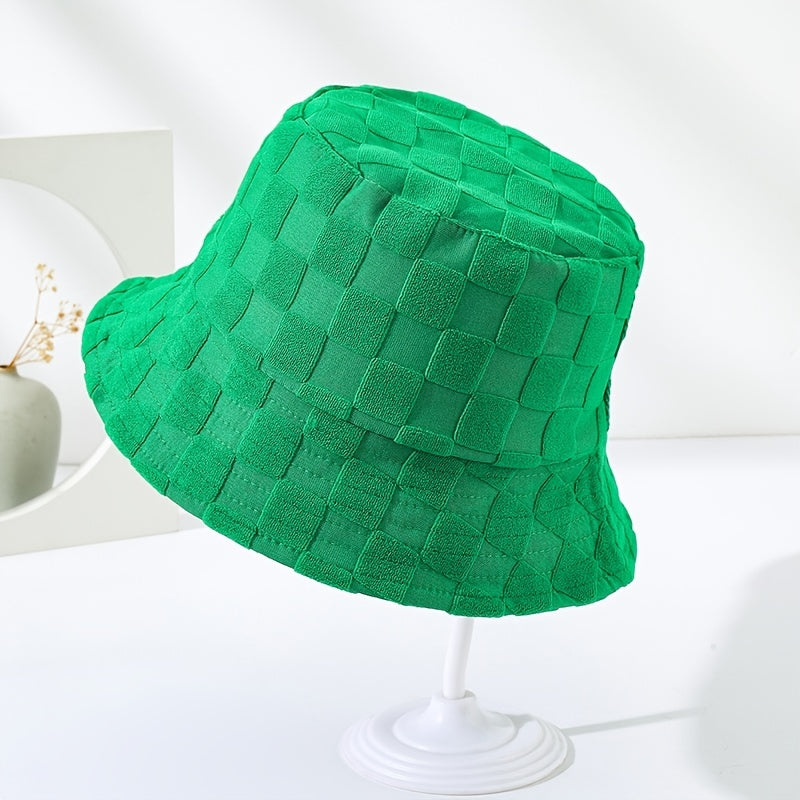Plaid Embossed Bucket Hat Solid Color Trendy Casual Basin Hat Unisex Couple Fisherman Cap For Women Men