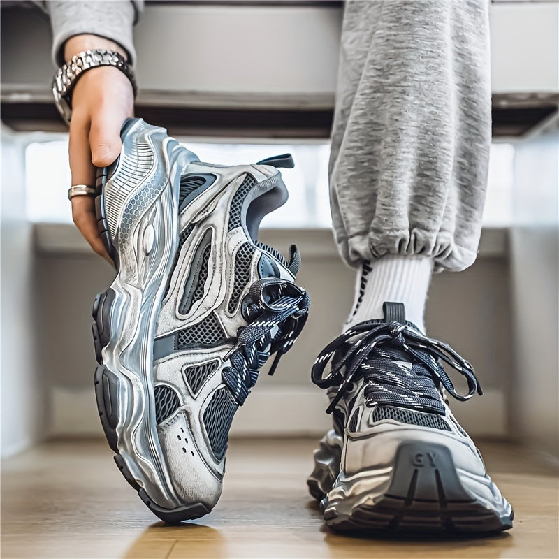 Men's Trendy Chunky Sneakers - Breathable Mesh, Lace-Up Casual Running Shoes with Thick Platform for All Seasons