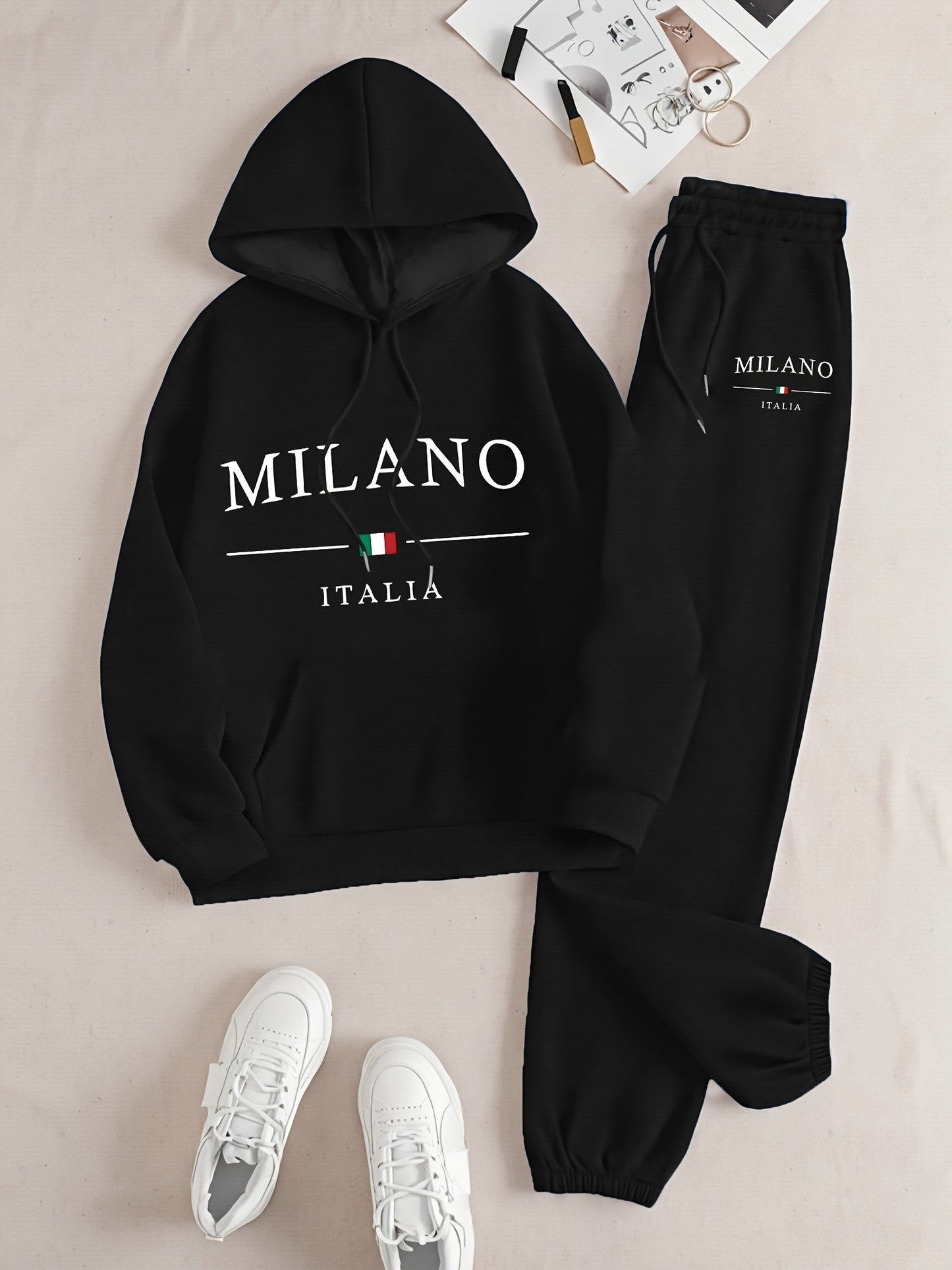 2024 Autumn And Winter Fashion Milan-Themed New Women'S Hooded Sweatshirt And Long Pants Set with a Hooded Long-Sleeve Casual Top.