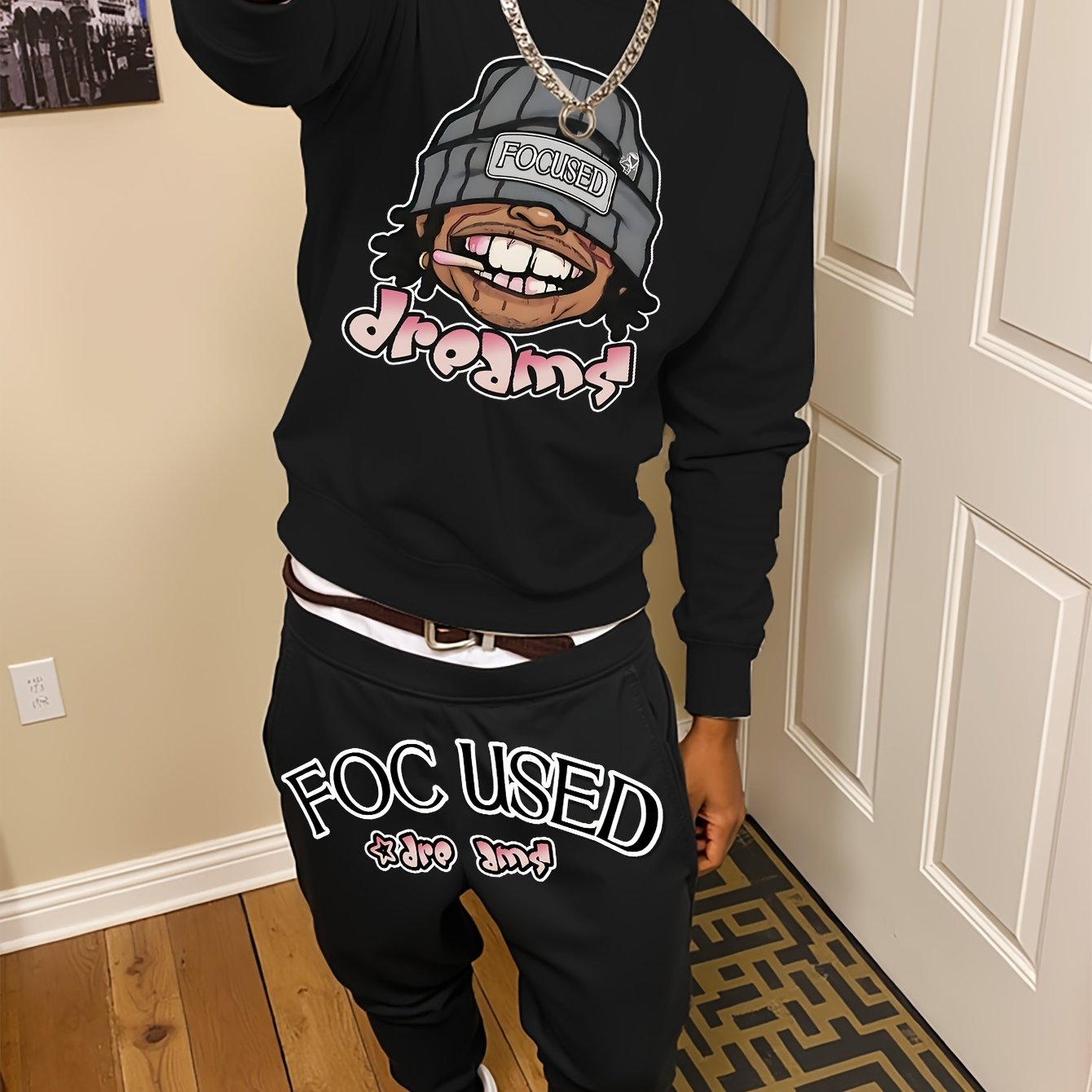 Men'S Casual Graffiti Print Sweatshirt and Pants Set, Crew Neck, Loose Fit, Knit Polyester 95%, 5% Elastane, Slight Stretch, Fall/Winter Lash Sets
