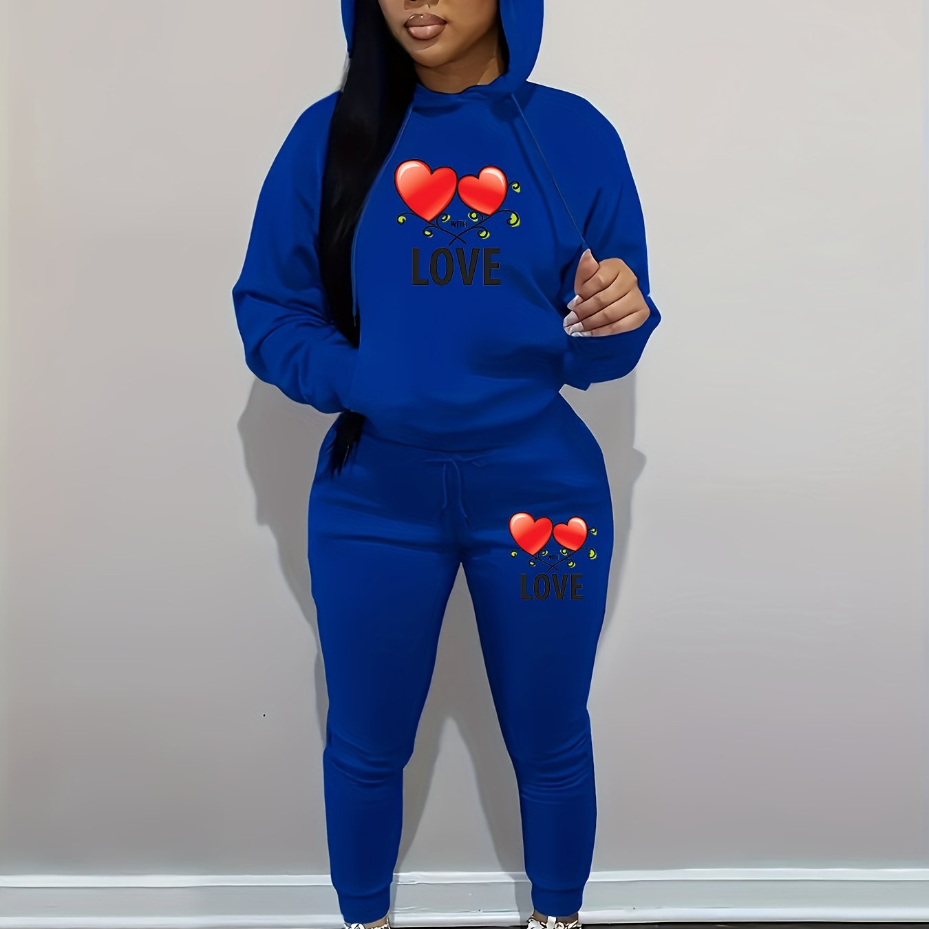 Women's Casual Pink Knit Two-Piece Set with Love Heart Print - Long Sleeve Hooded Top & Tie-Waist Pants, Polyester Blend, Perfect for Valentine's Day, Comfortable Clothing|Matching Set|Knit Polyester
