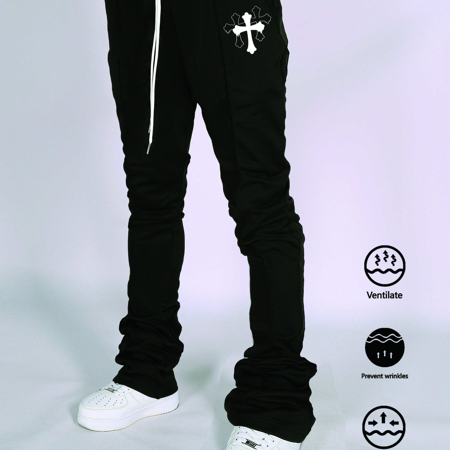 Men's Casual Drawstring Joggers with Cross Pattern - 100% Polyester, Slight Stretch Knit Fabric, Elastic Waist, Spring/Fall Season, Anti-Wrinkle, Breathable, Regular Fit Pants